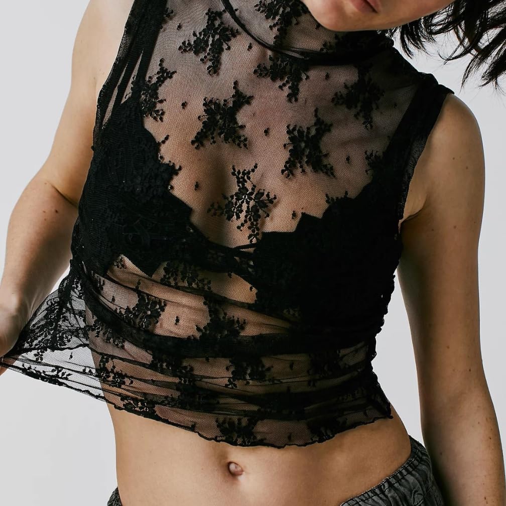 LOFAAC Women Floral Lace Sheer Mesh Crop Tank Top Mock Neck Sleeveless See Through Ruched Side Layering Crop Top Party - Image 3