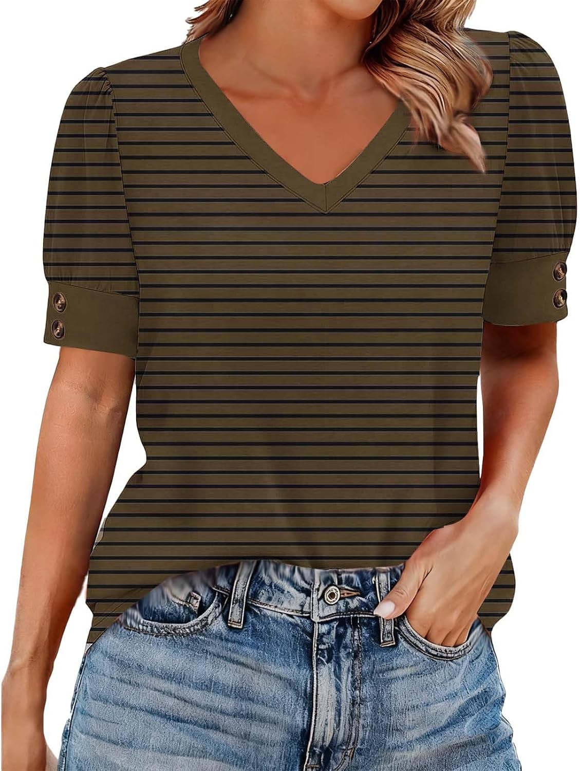 Short Sleeve V Neck T Shirts for Womens Casual Striped Loose Trendy Top Spring Summer Beach Vacation Blouse Clothes