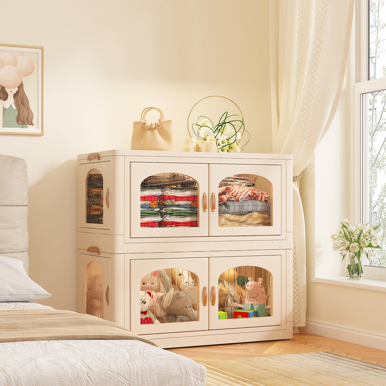 EnHomee 70 QT Storage Bins with Lids, Stackable Storage Bins with Wheels, Collapsible Storage Bins for Closet Organizers, Foldable Storage Containers, Large Storage Bins with Lids, 2Pack (Beige)