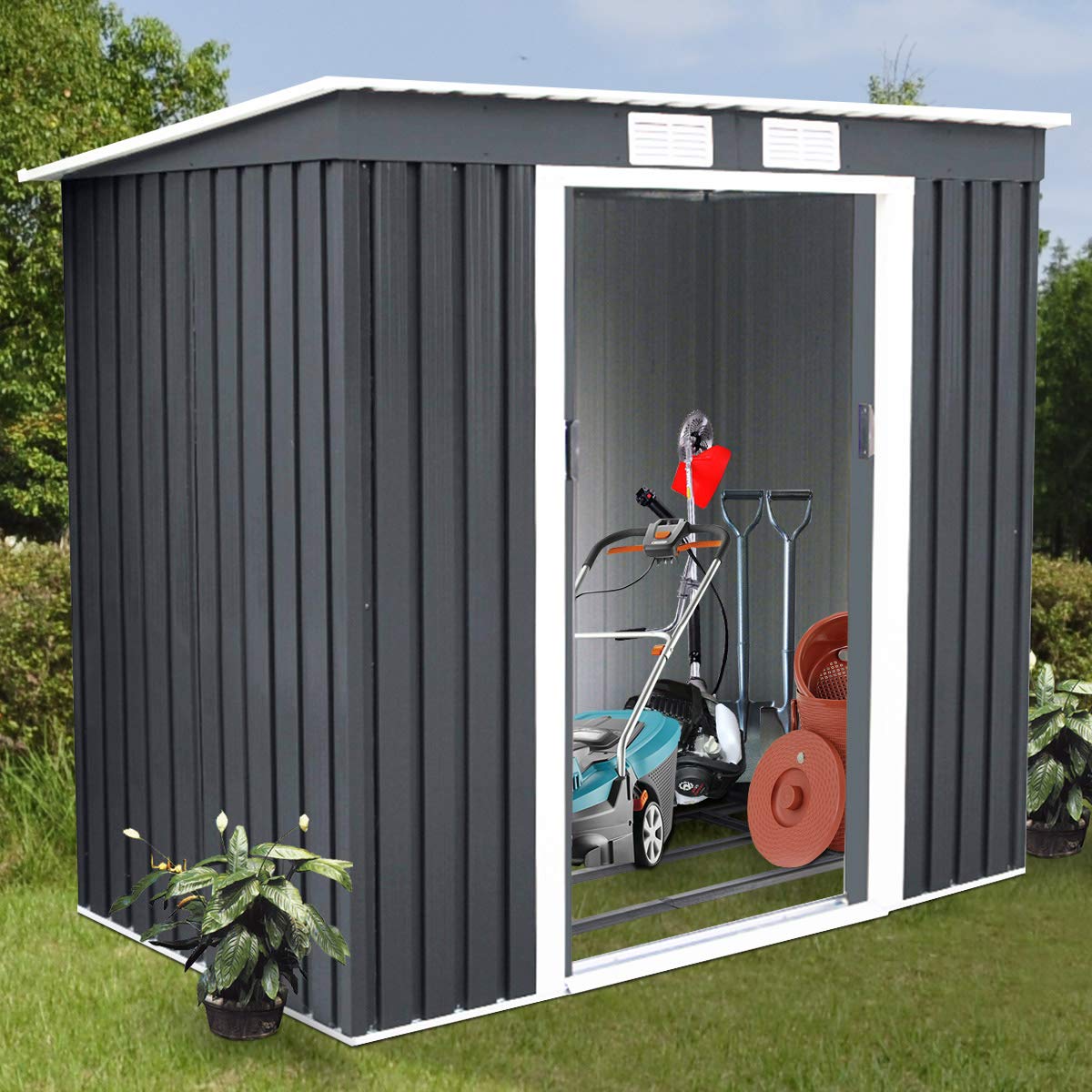 COSTWAY Casetta da Giardino Porta Attrezzi 2,8㎡, Capanno da Esterno in Lamiera Zincata Resistente alle Intemperie con Base, Porte Scorrevoli, Maniglie e Sfoghi 213 x 173 x 130 cm