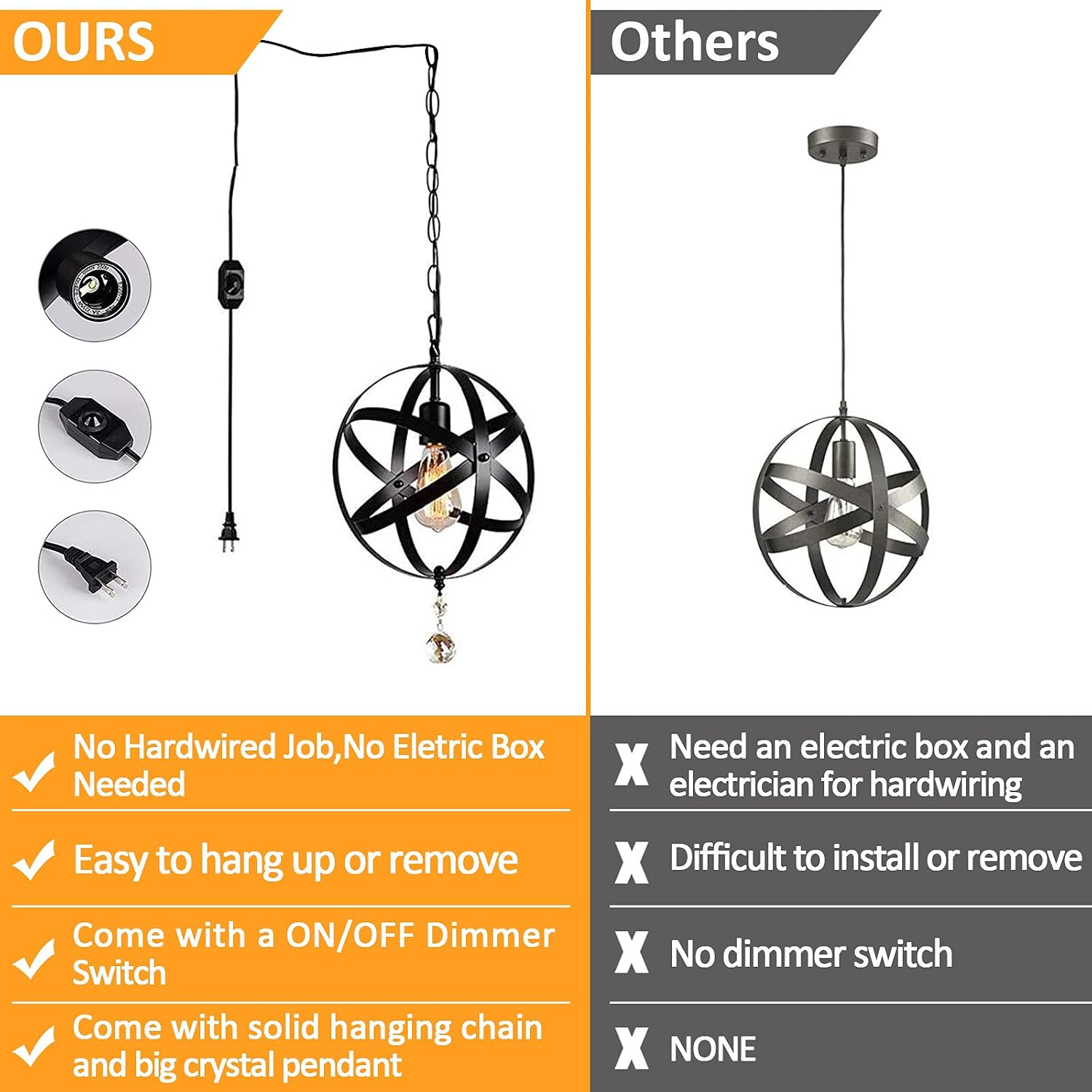 HMVPL Plug-in Industrial Globe Pendant Lights with 16.4ft Hanging Cord and On/Off Dimmer Switch, Vintage Metal Spherical Lantern Chandelier Swag Ceiling Lighting Fixture for Kitchen Island Bedroom Bar
