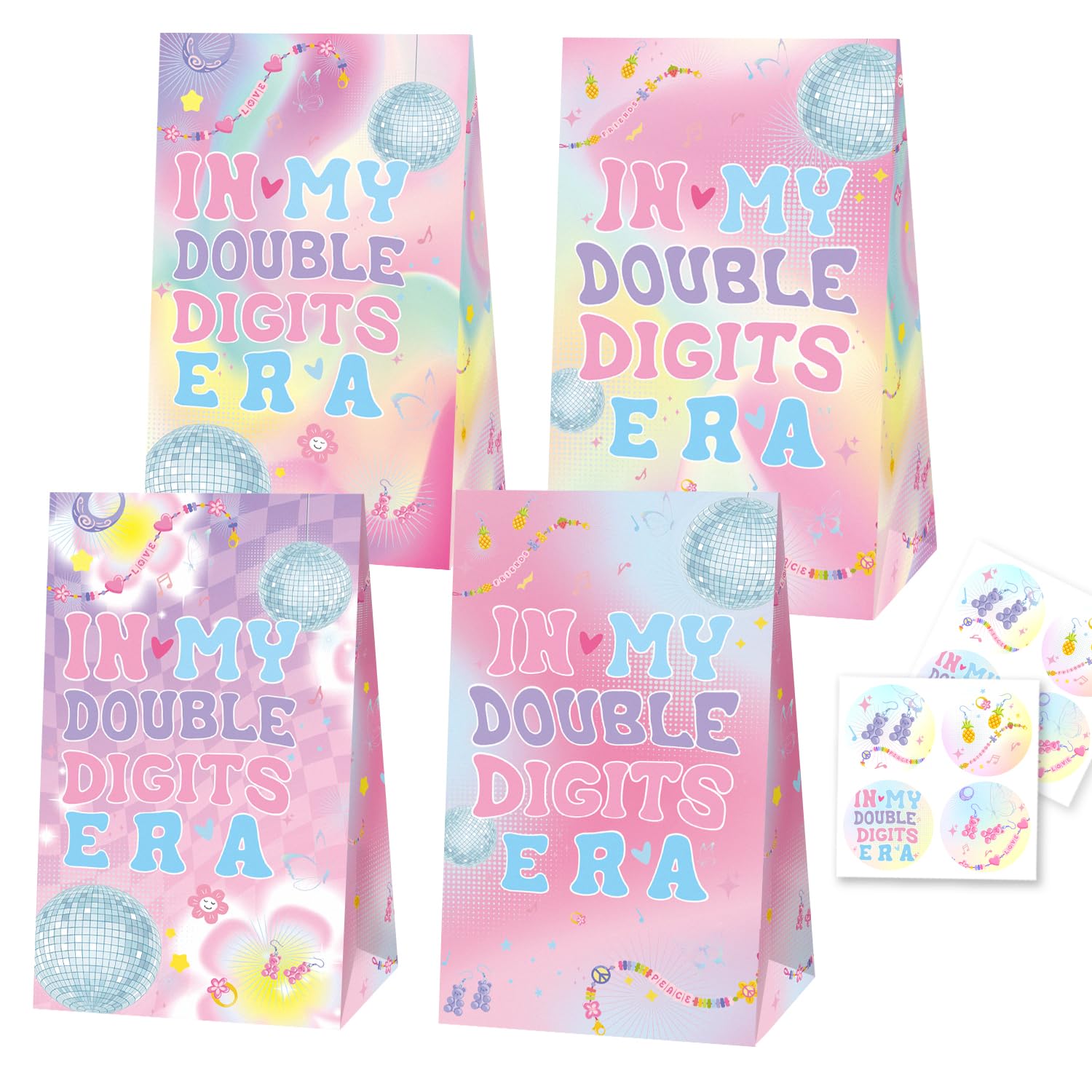 Photo 1 of 24 Pcs "In My Double Digits Era" Birthday Gift Bags with Stickers