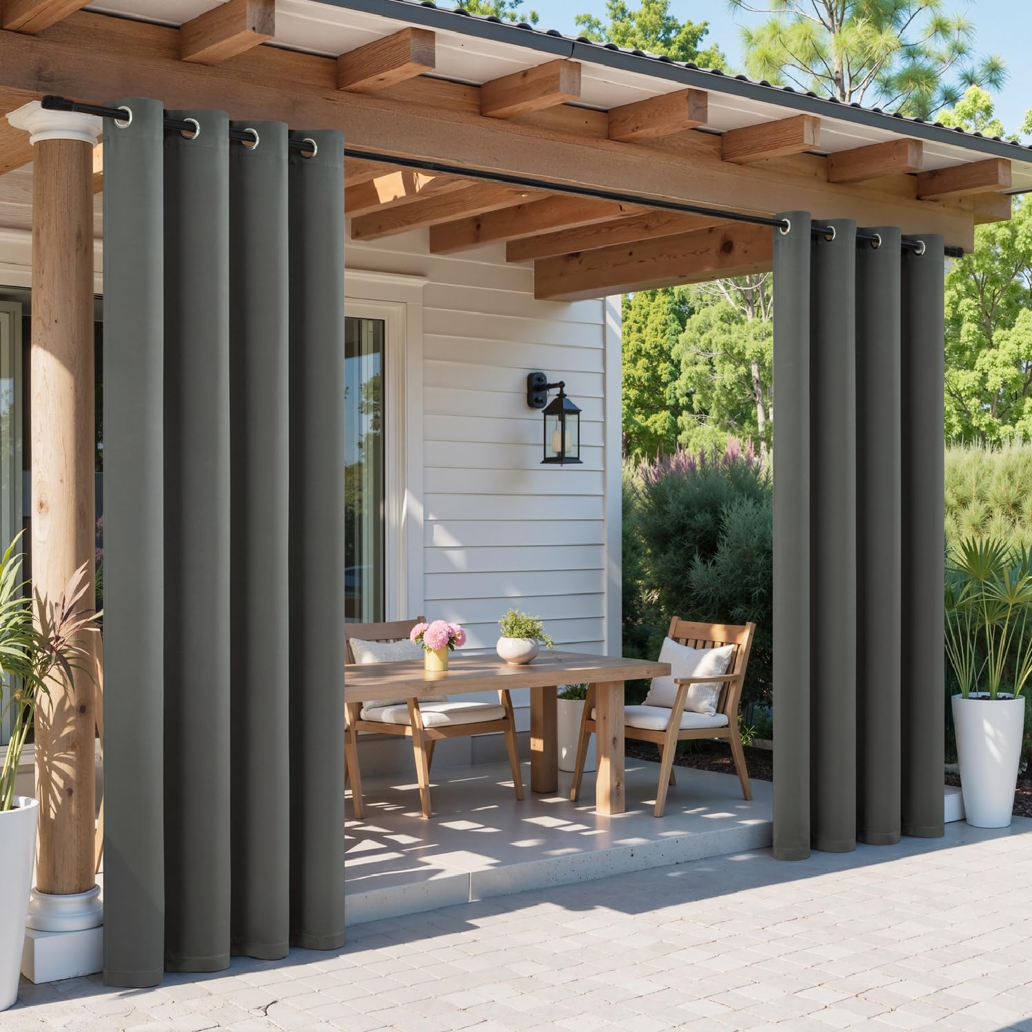 MIULEE Rideaux d'extérieur imperméable à Double Oeillets Protection Solaire Rideau Impermeable Exterieur pour pergola extérieur Balcon Cour Porche, 132 x 215 cm, Lot de 2, Gris