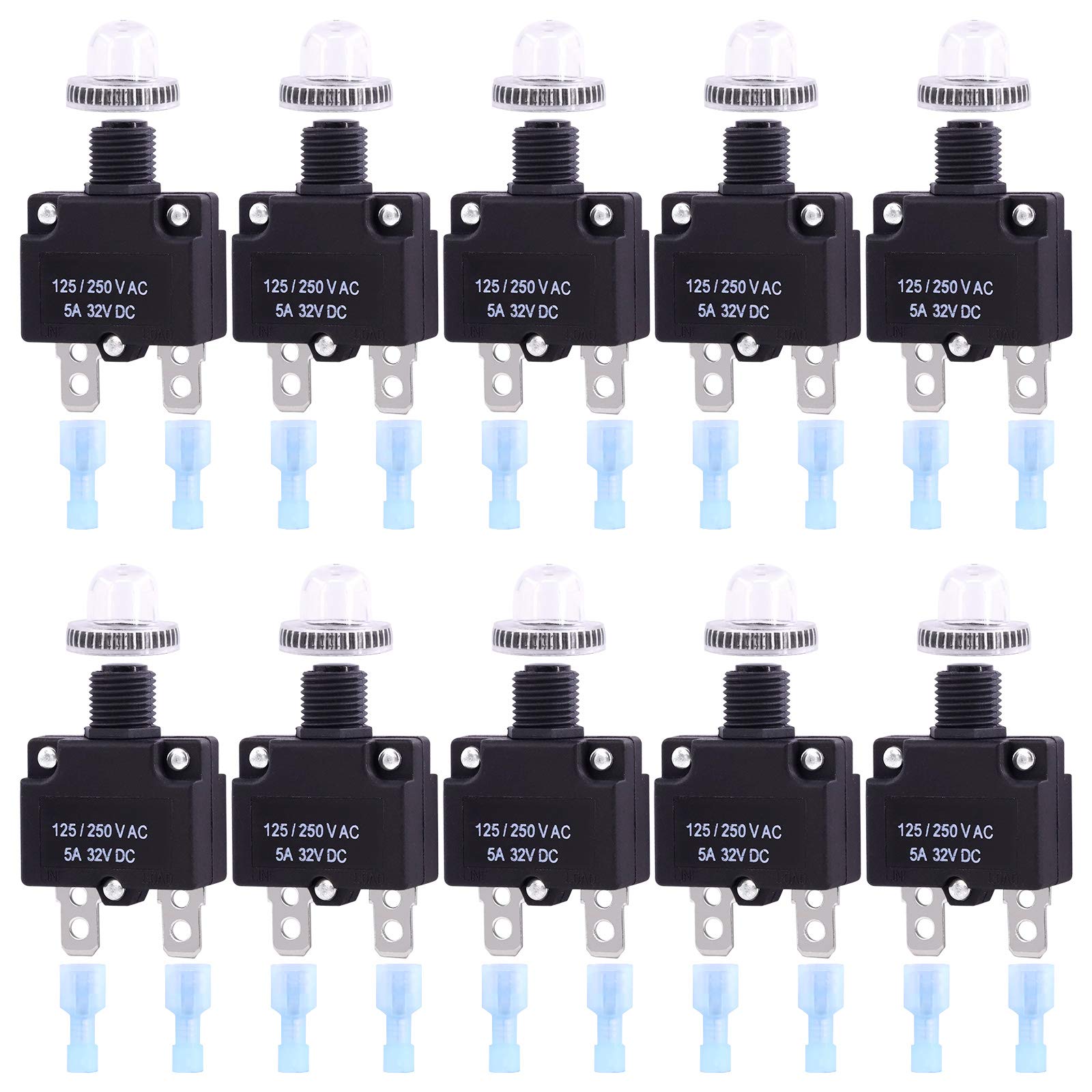 Swpeet 30Pcs 5Amp Thermal Circuit Breaker with Quick Connect Terminals and Waterproof Button Caps Assortment Kit,Waterproof Push Button Manual Reset Circuit Breaker 32V DC 125/250VAC 50/60Hz