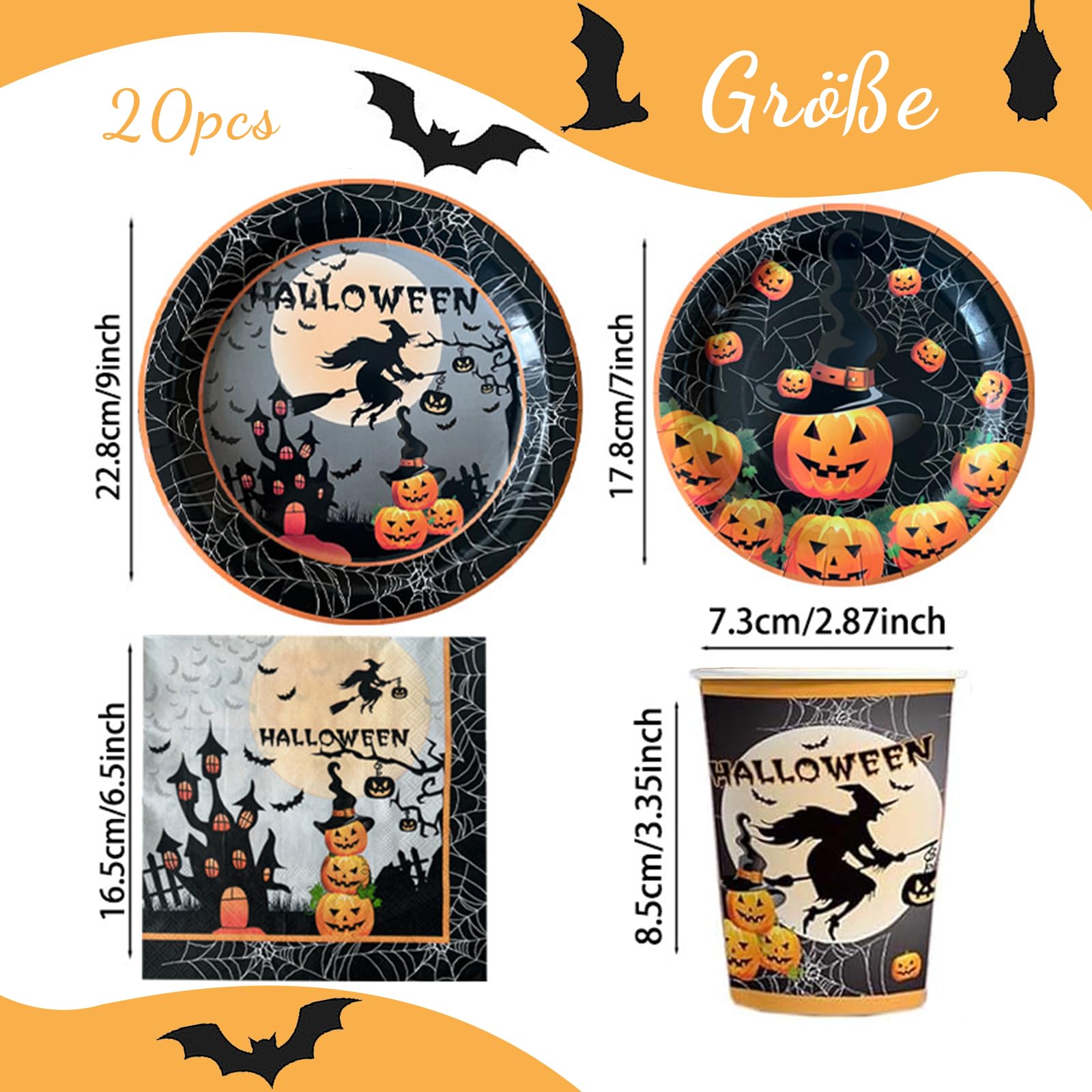 Halloween Party-Geschirrset, 100 Teile – Pappteller, Becher, Strohhalme, Servietten – Mit Kürbis-Muster, Recycelbar