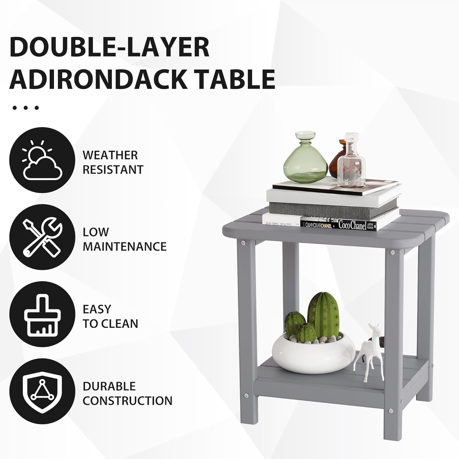 Sundale Outdoor 18" Small Side Table, Patio HDPE All Weather Small Adirondack End Table Water Resistant 2 Tier Rectangular Outside Table for Pool, Garden, Beach, Grey