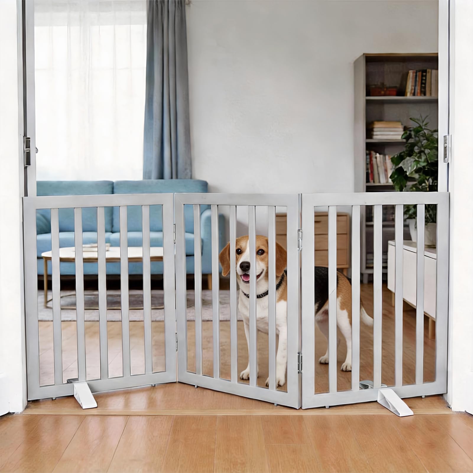 SFJC Dog Gate Indoor, Freestanding Dog Fence for The House, Doorways, Hallways,or Stairs,Pet Gate Foldable Wooden,Expandable 24" Height 3 Panels,Grey