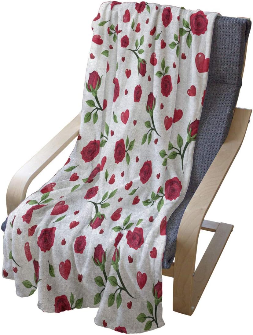 Lunarable Roses Throw Blanket, Valentine's Day Themed Composition with Roses and Big Little Hearts, Flannel Fleece Accent Piece Soft Couch Cover for Adults, 50" x 60", Dark Coral Green White