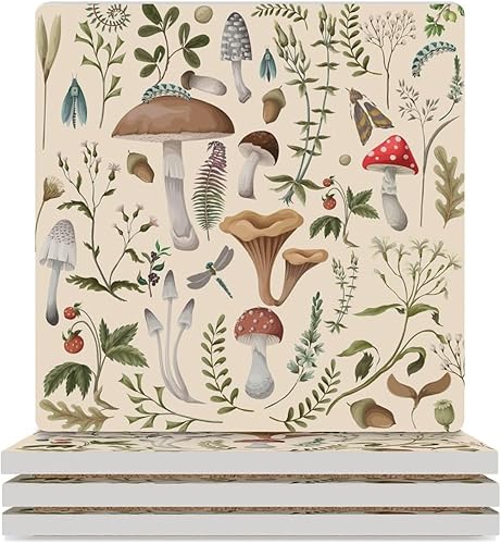 Miniatura 12 de Posavasos botánicos, posavasos redondos de cerámica redondos, 4 unidades, diseño de plantas vintage, diseño botánico de dibujos animados, hongos