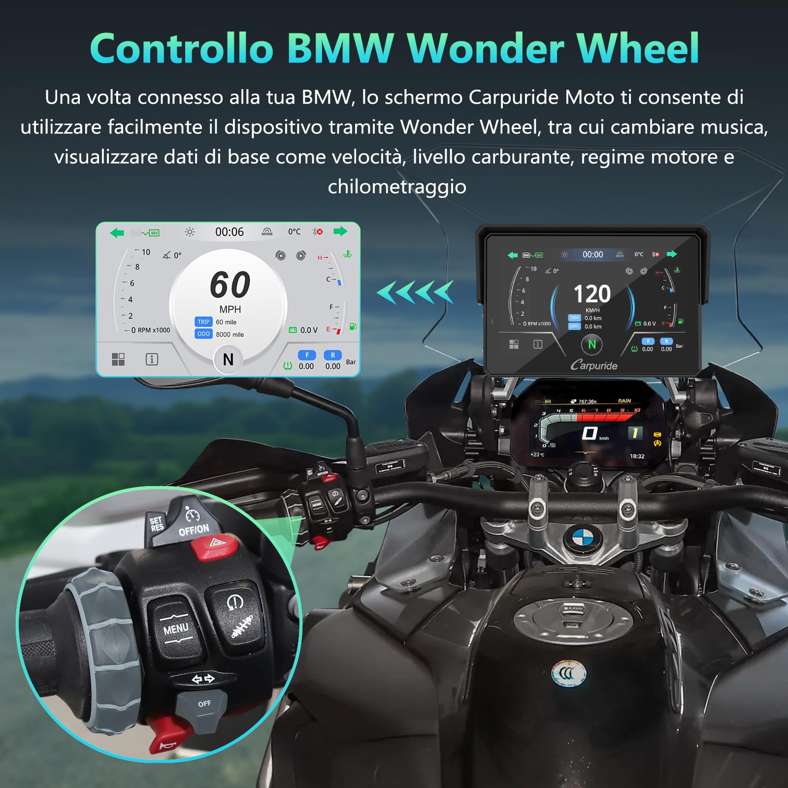 CARPURIDE W502BS Pro per Moto BMW CarPlay e Android Auto, Doppio Bluetooth, Schermo di Navigazione Impermeabile da 5 Pollici, Lettura dati, Native Wonder, TPMS, Sensore di luce, Condivisione di Musica
