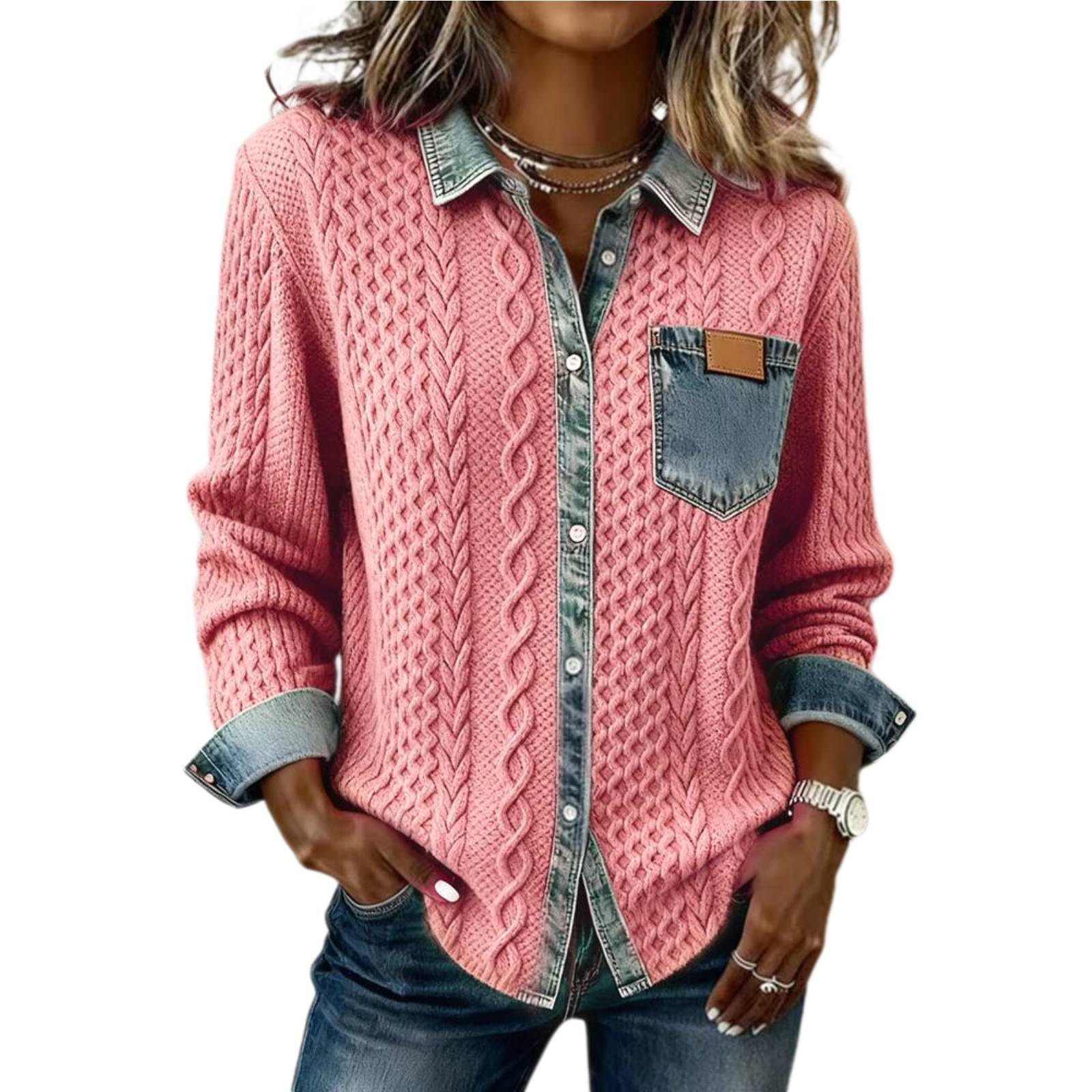 Womens Trendy Denim Splicing Cardigan Sweater Lapel Collared Button Up Long Sleeve Outerwear Denim Sweater for Women