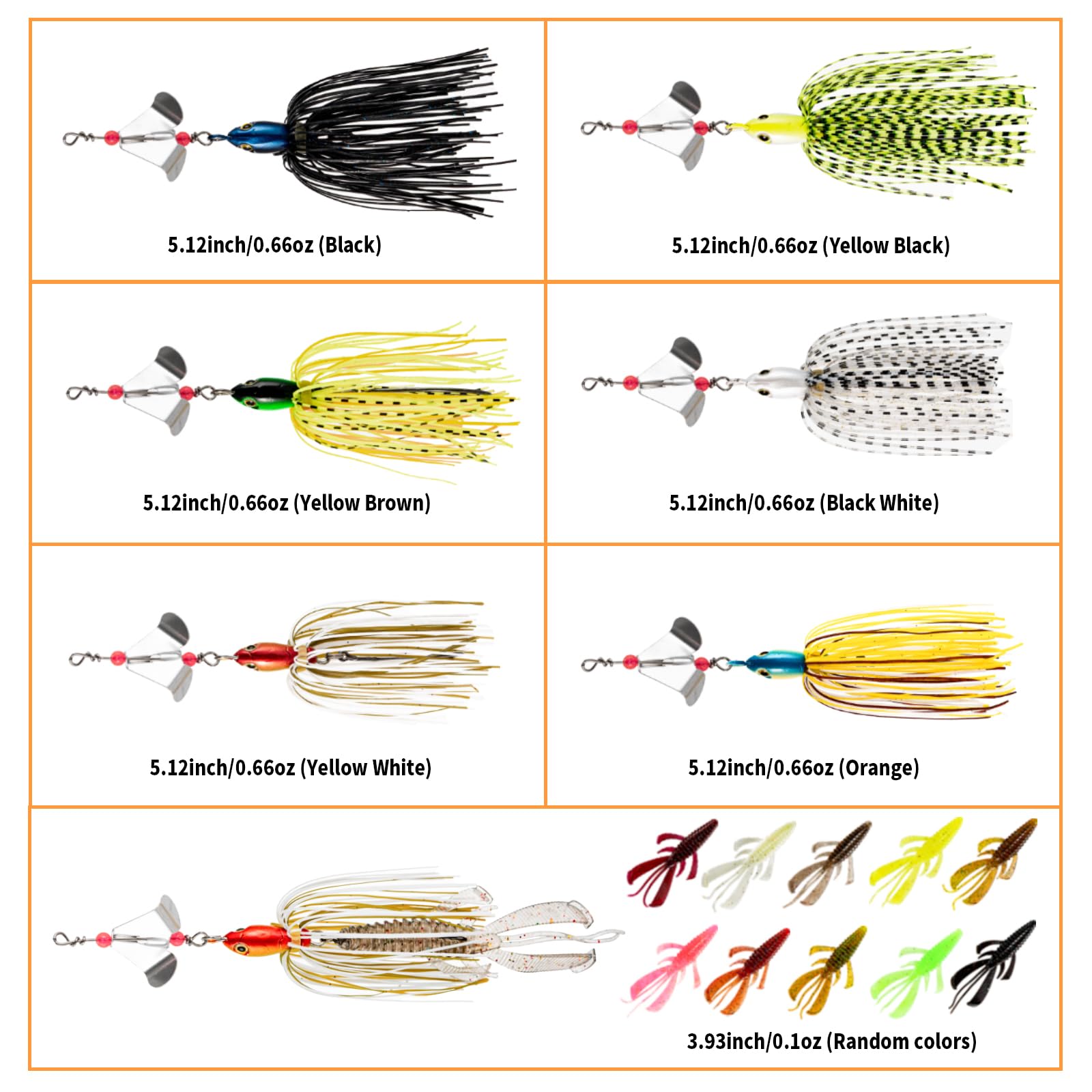 TOEWSN Buzzbait for Bass Fishing Lures Kit Buzzbait Spinner Baits Kit Multicolor Swimbait Topwater Lure Hard Metal Fishing Lure for Bass Pike Trout Fishing+10pcs Swamp Monster Rage Bug Bait, Small