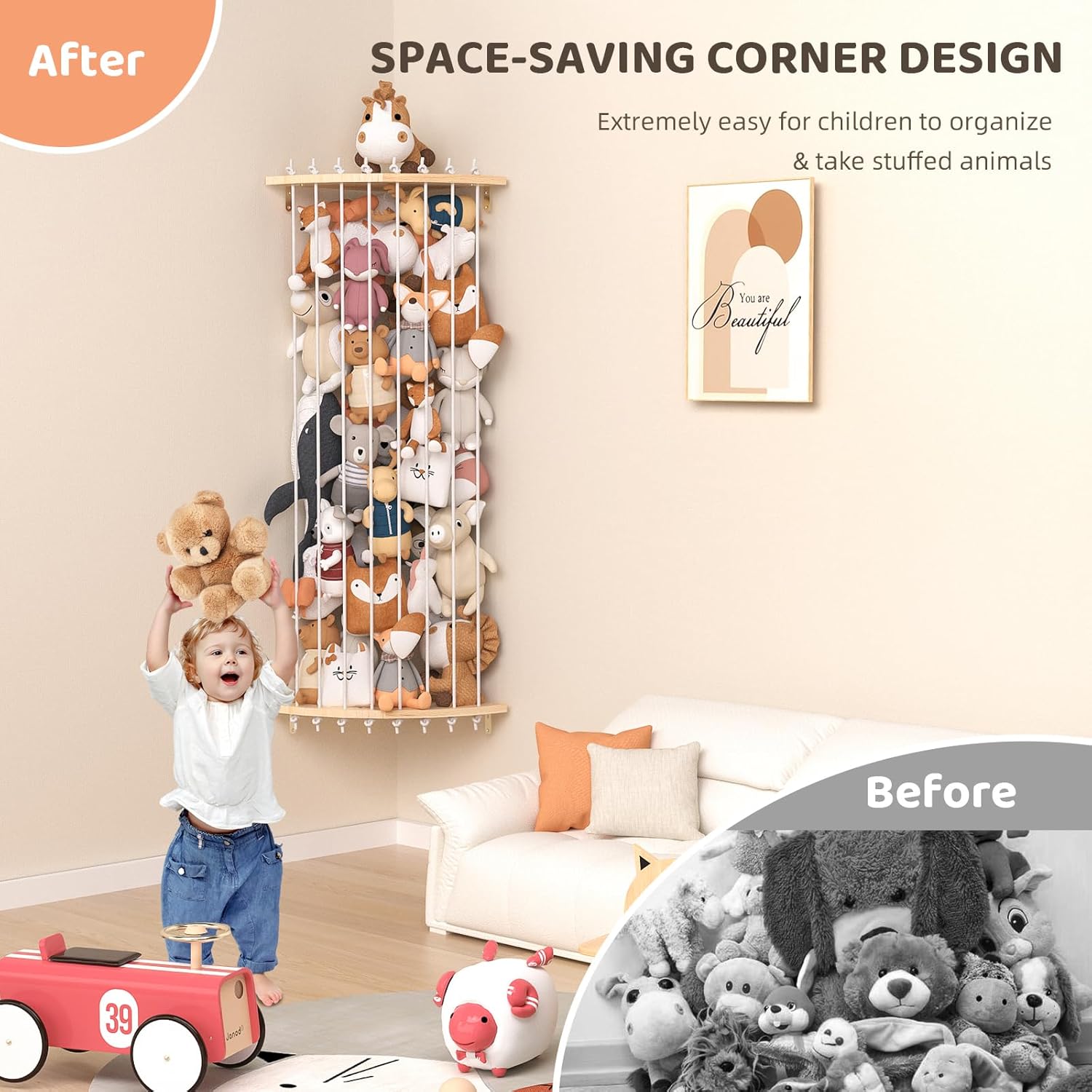 Stuffed Animal Storage Toy Organizer, Wood Corner Plushies Storage Wall Shelf with Adjustable Length, Hanging Stuffed Animal Holder for Kids Playroom Bedroom Organizer