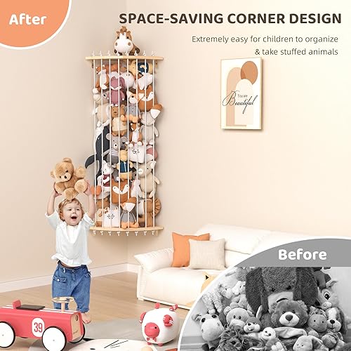 Miniatura 3 de Organizador de juguetes de almacenamiento de animales de peluche, estante de pared de almacenamiento de felpa de esquina de madera con longitud