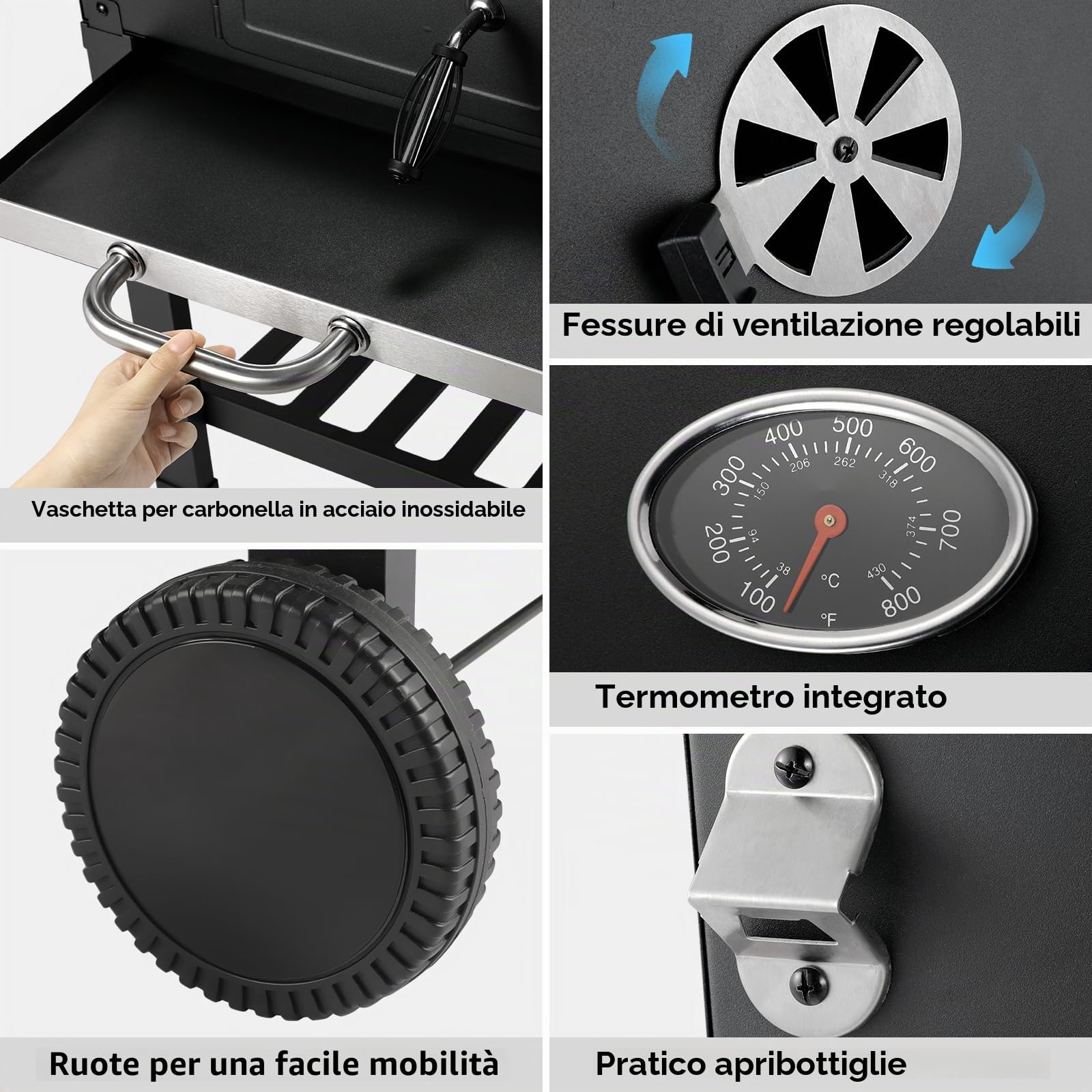 LIFERUN Barbecue Carbonella XL, Barbecue a Carbonella con Coperchio, Griglia per Barbecue con 2PCS Ruote, Termometro, Grande BBQ Smoker con Carrello per Campeggio, Giardino
