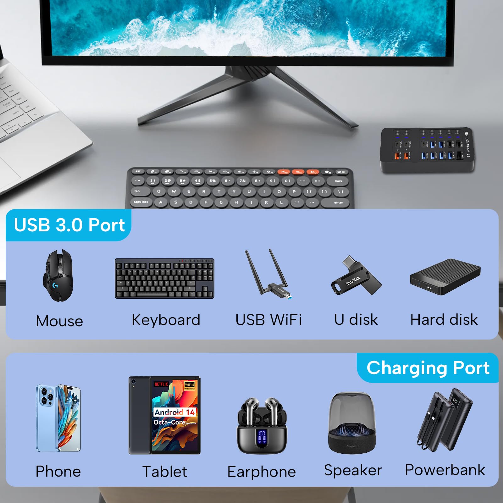 Hub USB alimentato a 14 porte con 6 porte USB 3.0, 4 porte di ricarica, 1 porta dati USB-C 3.0 e 1 porta di ricarica PD da 60 W con interruttori on/off LED per MacBook, laptop e PC