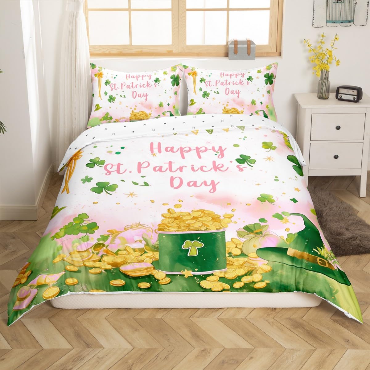 St. Patrick's Day Duvet Cover Set Full Size,Green Clover Leave Hat Print Reversible Quilt Cover with 2 Pillowcases,Golden Watercolor Pink Tie Dye Breathable Bedding Set (NO Comforter), Soft