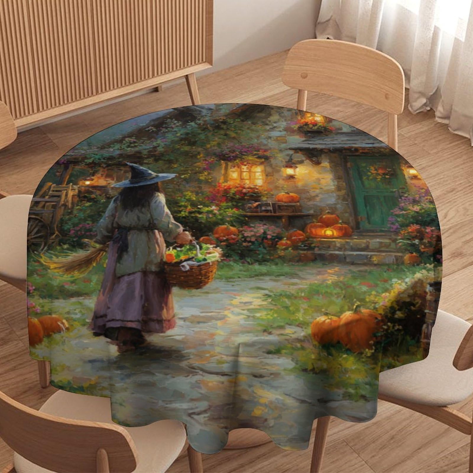 LUYYSKY Modern Vintage Halloween Witch Round Tablecloth Gothic Watercolor Enchanted Forest Animal Birds Crow Pumpkin Floral Washable Decor for Table Cover for Kitchen-152.4" Wx152.4 L cm