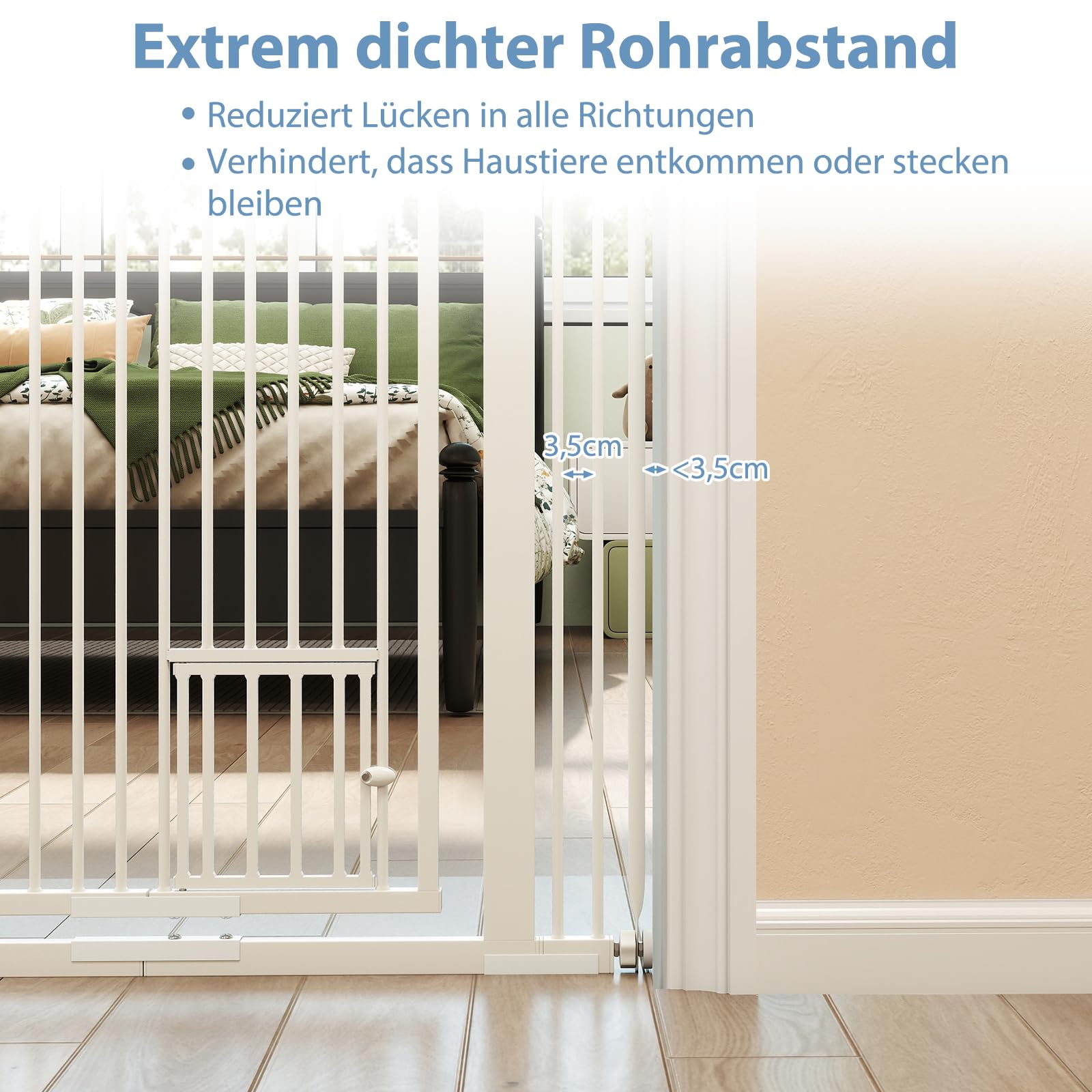 COSTWAY Türschutzgitter Hunde, Absperrgitter ganz hoch, 77-104 cm x 150 cm, Schutzgitter mit Kleiner Tür, 2 Erweiterungen, Türgitter ohne Bohren, Hundegitter ausziehbar, Sicherheitsgitter Metall, Weiß