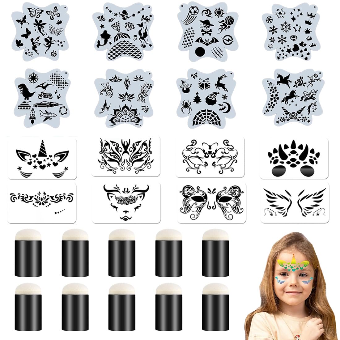 16 Pezzi Stencil per Tatuaggi, Stencil di Pittura del Viso, Tattoo Stencil Temporanei, Modello Riutilizzabile per Il Trucco per Bambini e Adulti, Halloween, Party, Body Art Pittura