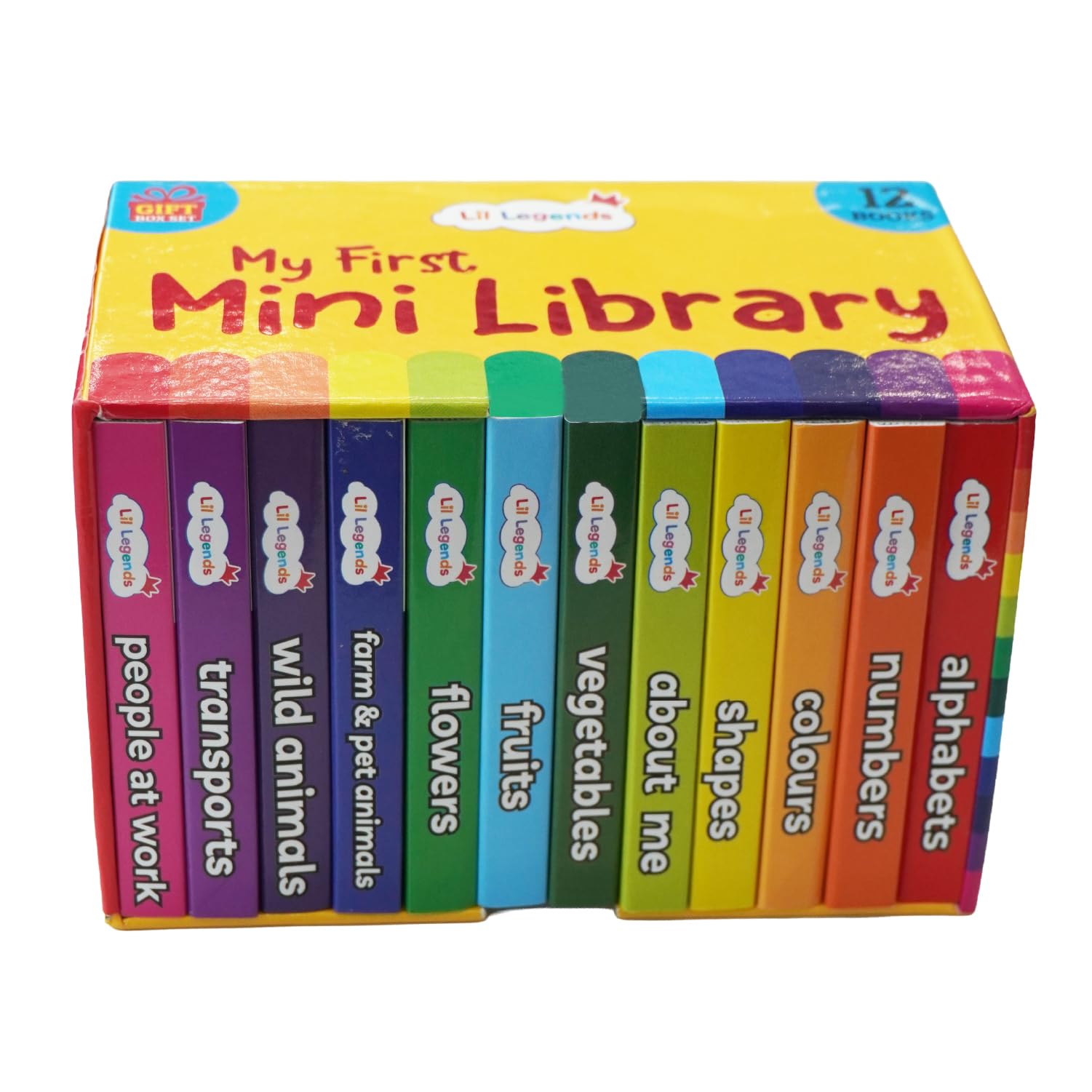 - Oswaal Lil Legends Mini Library | Early Learning Board Books Box Set for Kids | 12 Books on Alphabet, Numbers, Colours, Shapes, Animals, Fruits, Vegetables & More | Ages 0–4 Years