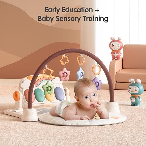 Vista 2 de TUMAMA Tapete de juego de actividades de gimnasio para bebés con sonidos, luces y música, piano de juguete, desarrollo temprano, tapete de juego