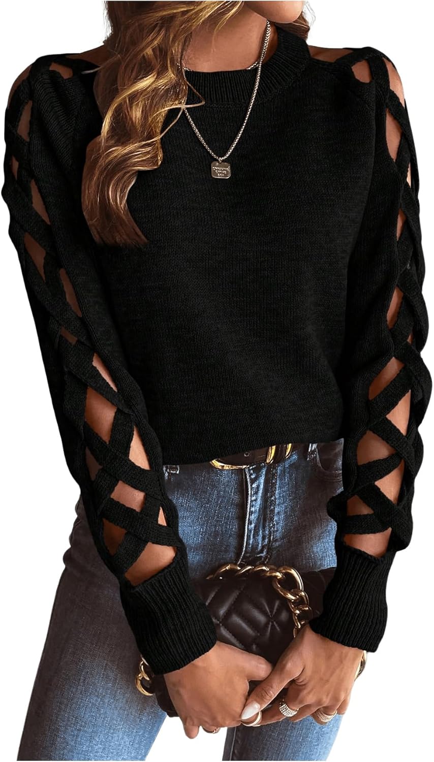SweatyRocks Women's Criss Cross Cut Out Sleeve Round Neck Hollow Out Knit Sweater Tops