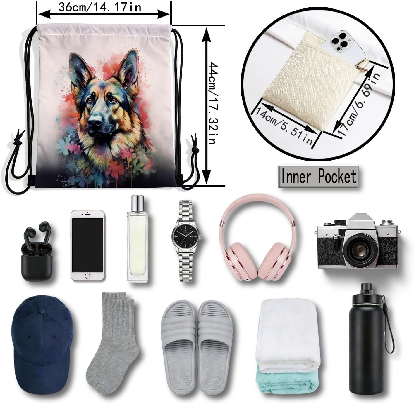 Watercolor German Shepherd Dual-Sided Print Drawstring Bag -2 image 2