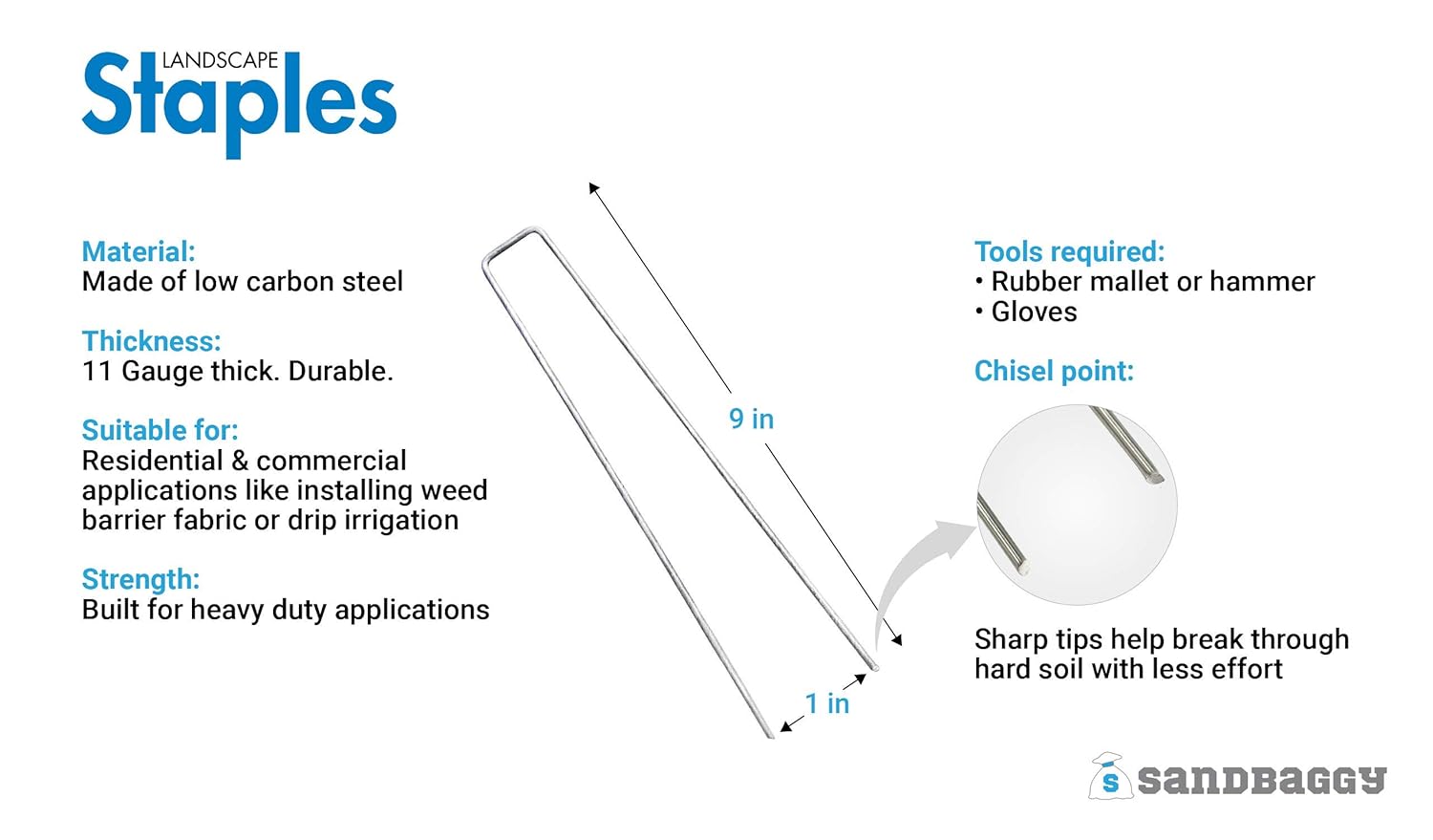 Sandbaggy 9-inch Extra Long Landscape Staples - Galvanized Anchors ~ Great for Soft Sandy Soil (1000 Staples)