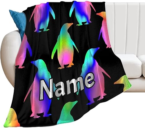 Miniatura 2 de Manta de pingüino personalizada con nombre, 40 x 30 pulgadas, divertida manta para niños, niñas y niños, manta negra suave y mullida para regazo y