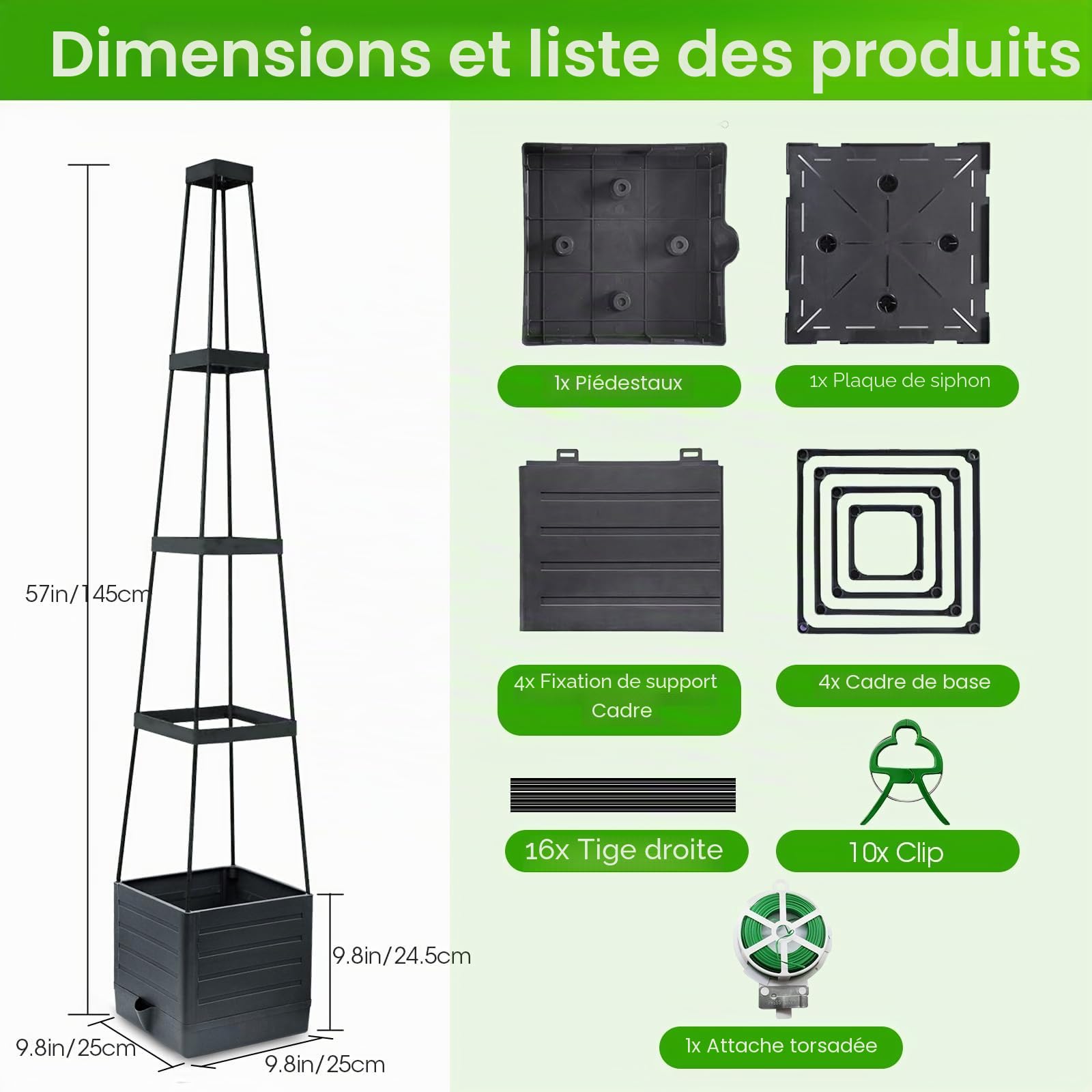 Jardinière surélevée avec Treillis, Auto-arrosante, Cage à tomates pour légumes grimpants - Convient aux patios, aux serres, à l'intérieur/extérieur（2Pc）