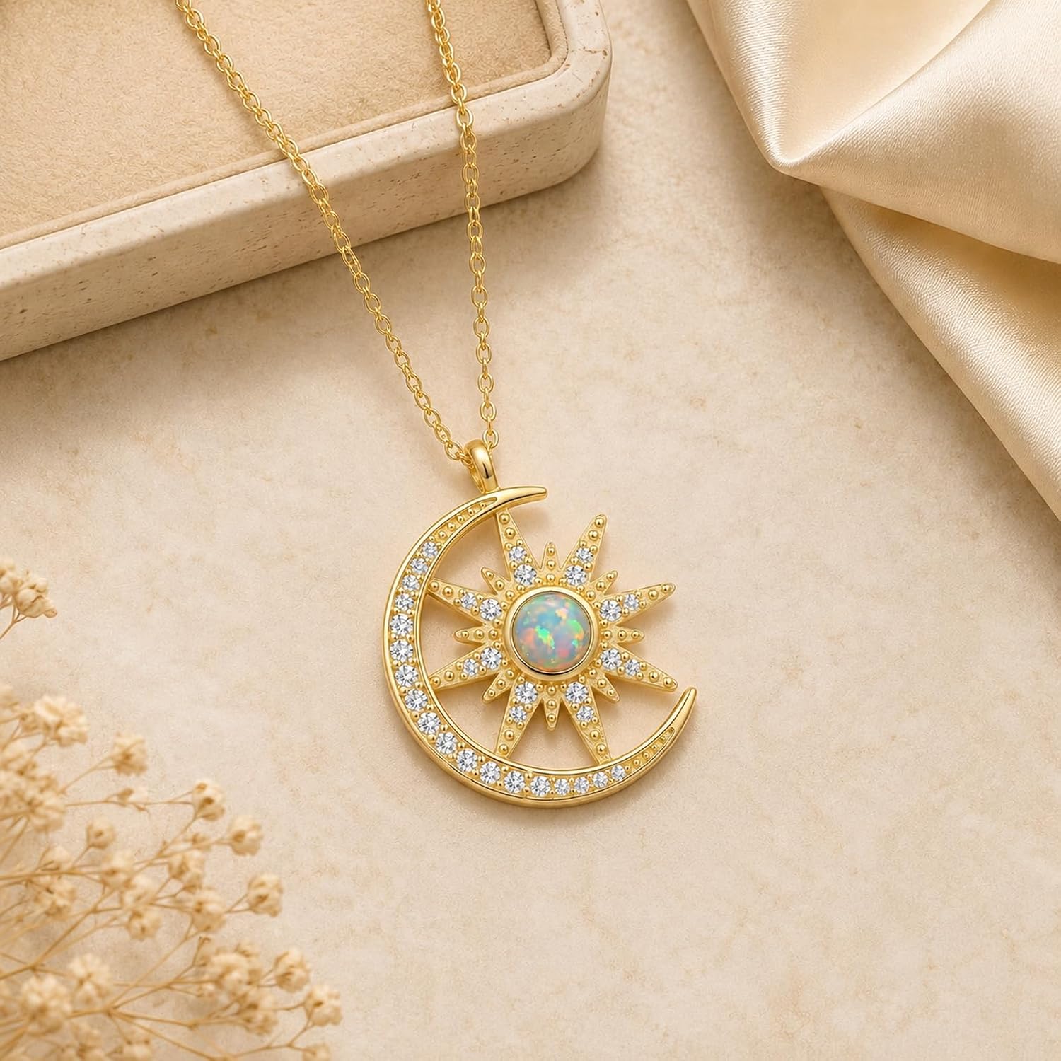 Gold Crescent Moon and Sun Necklace for Women 14K Gold Celestial Starburst Pendant with Opal Jewelry Gifts for Girlfriend Mother