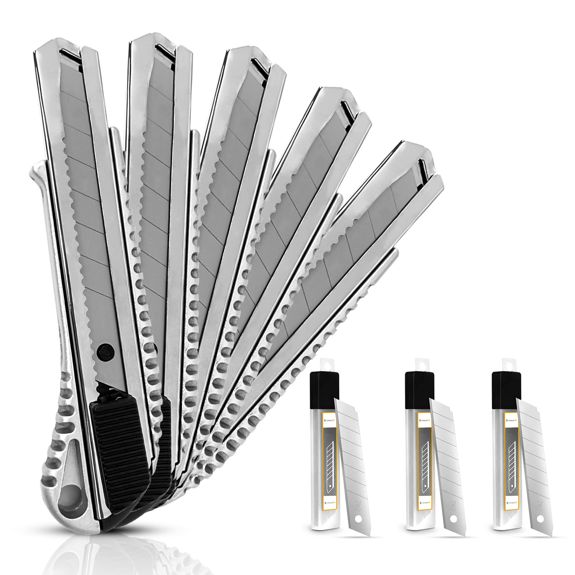 SANAWATEC 5x Cuttermesser 18mm + 30x SK5 Abbrechklingen, Teppichmesser profi, Cuttermesser Profi aus Aluminium, mit Gummigriff, Robust und Ultrascharf, für Heimwerk & Gewerbe