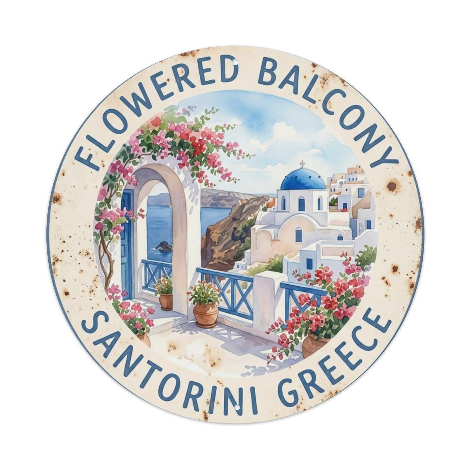 Fqnyr Style Metal Tin Sign Vintage Travel Balcony Santorini Flowered