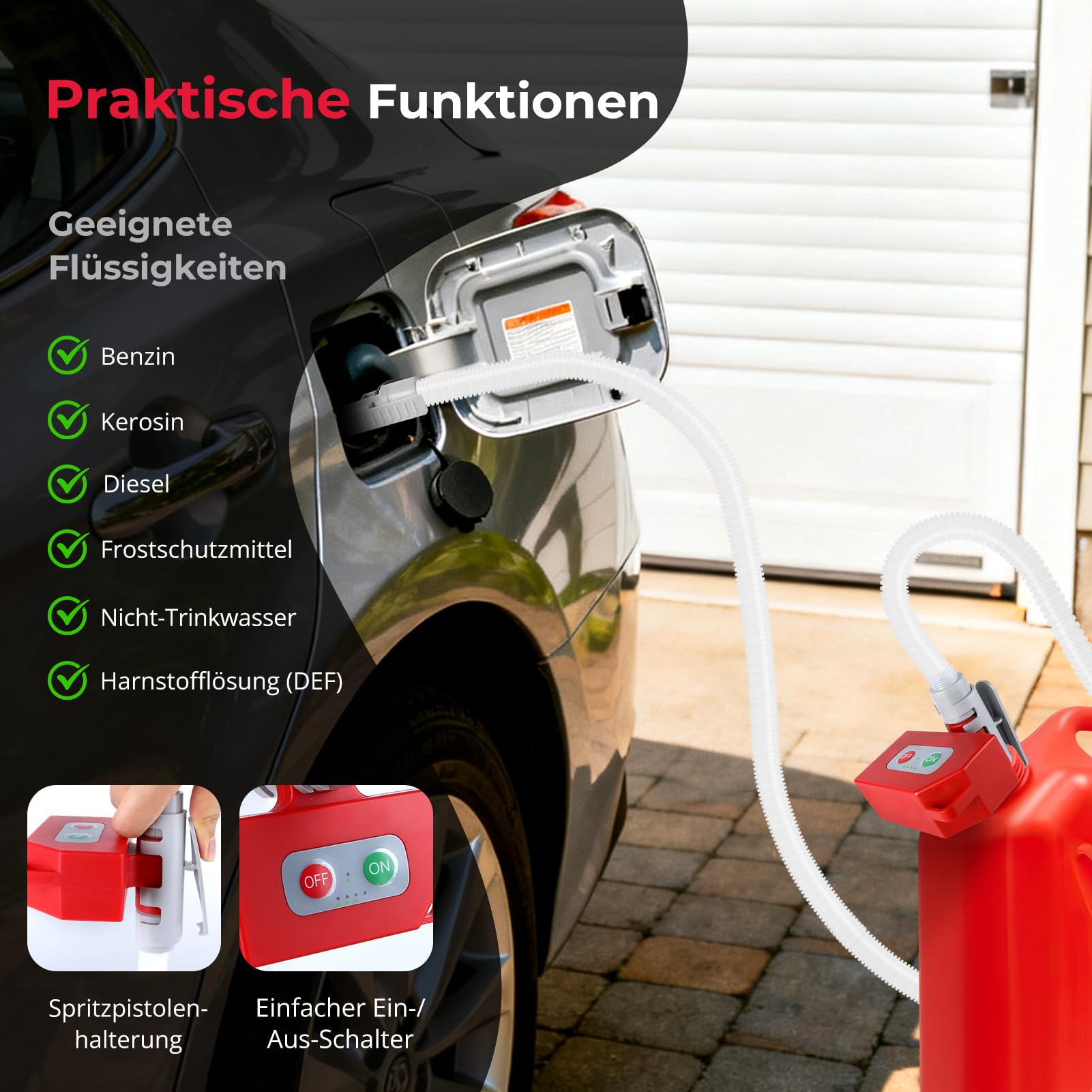 Pompe de transfert électrique, pompe à carburant, arrêt automatique, double alimentation (USB-C/AA), pompe à essence à main, pompe diesel 2,4 GPM avec tuyau de 183 cm pour essence, diesel et eau