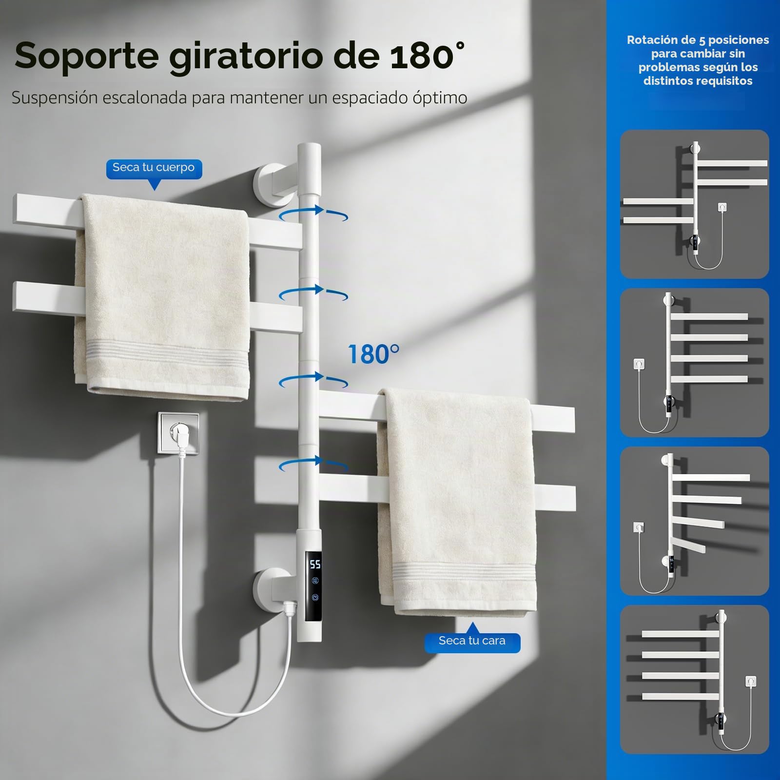 Toallero Eléctrico de Baño, Toallero Giratorio a 180°, Radiador de Toallas Eléctrico 70x48cm, 4 Barras Temperatura Ajustable Bajo Consumo 75W IPX4
