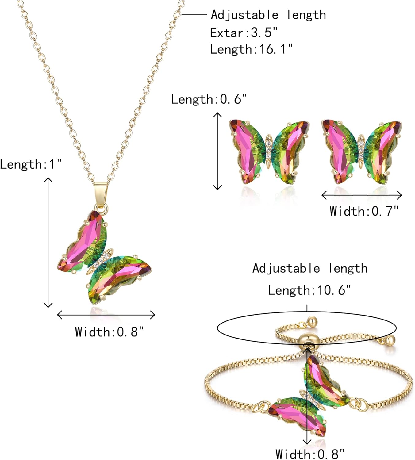 Crysdue Sparkling Cubic Zirconia Butterfly Necklace Stud Earrings Adjustable Slider Bracelet Jewelry Set, Birthday/Valentines/Mothers Day/Christmas Jewellery Gift for Women