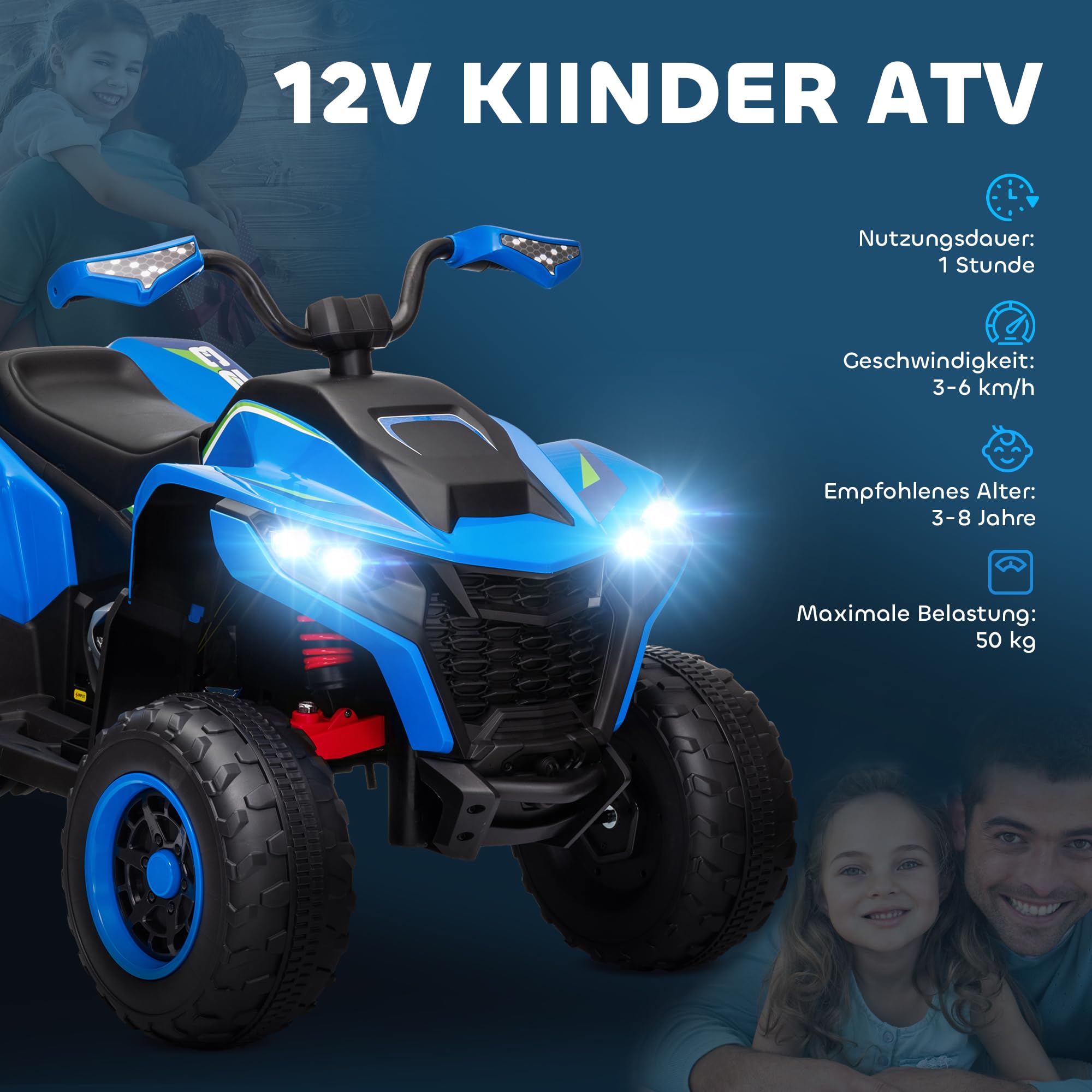 AIYAPLAY Elektro quad dla dzieci 12V 2 silniki 3-6km/h 3-8 lat niebieski | Elektryczny quad dla dzieci, zawieszenie, lampa LED, USB, muzyka