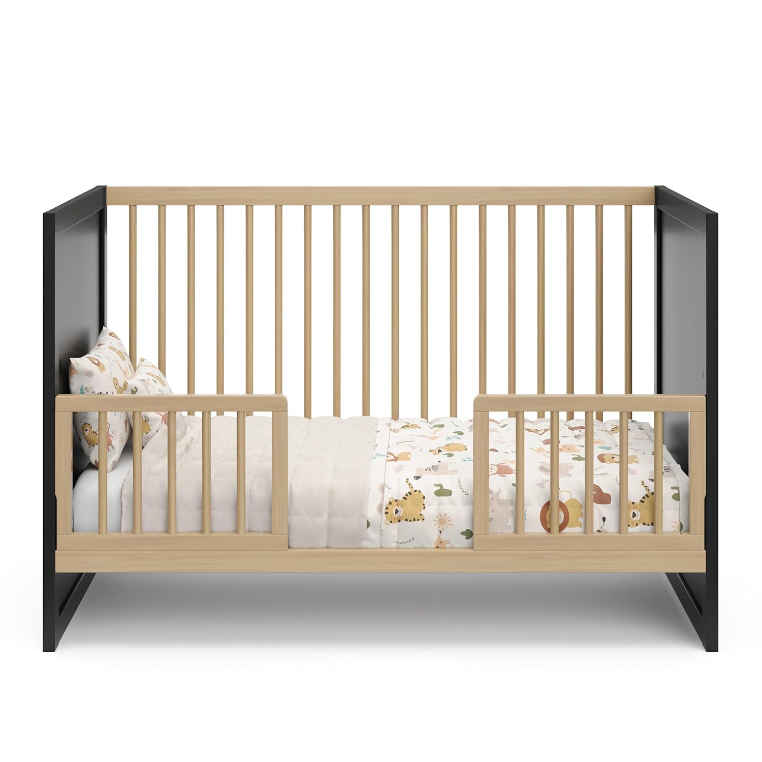 Storkcraft Calabasas 3-in-1 Convertible Crib (Black with Driftwood) – GREENGUARD Gold Certified, Fits Standard Crib Mattress, Converts to Toddler Bed, Modern Style, Easy 30-Minute Assembly
