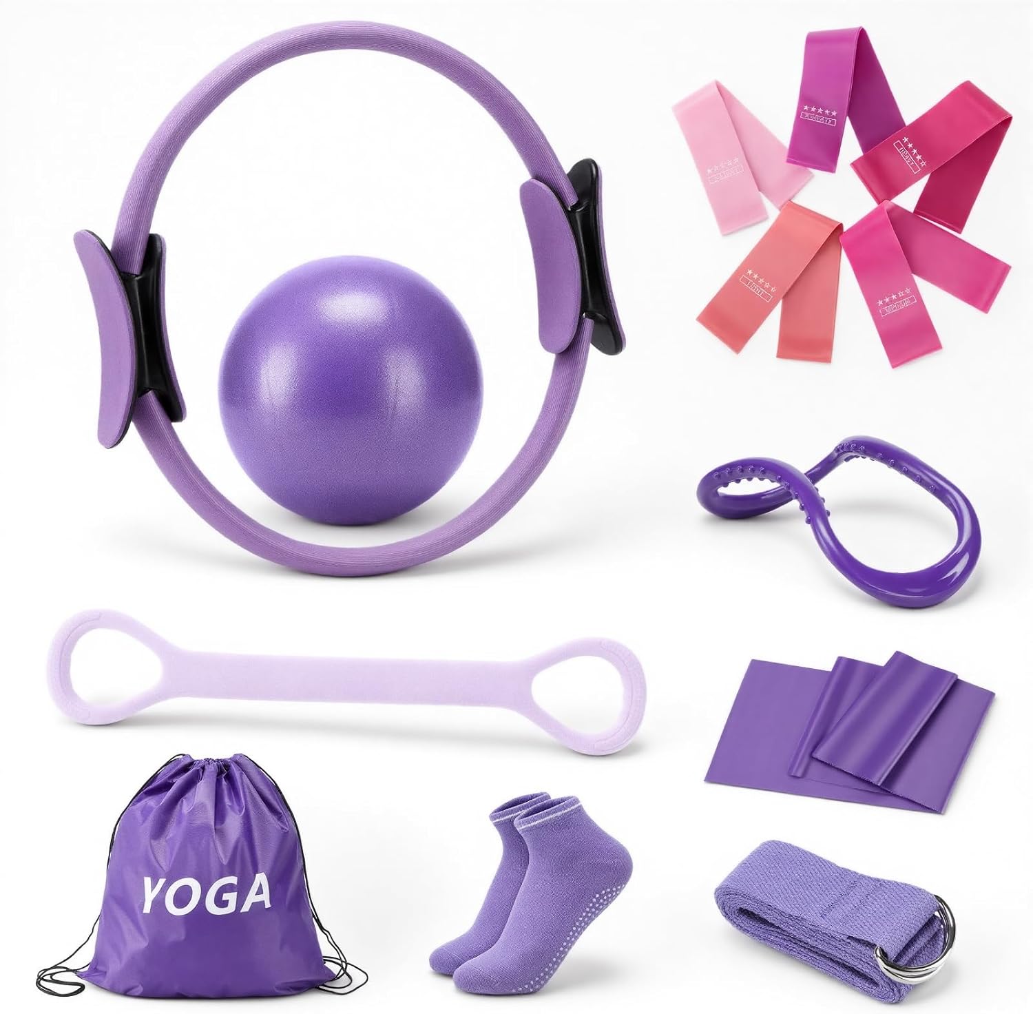 Pilates Ring Set for Women, Home Workout Pilates Equipment with Resistance Bands, 14'' Magic Circle, Mini Ball, Pilates Starter Kit for Strength