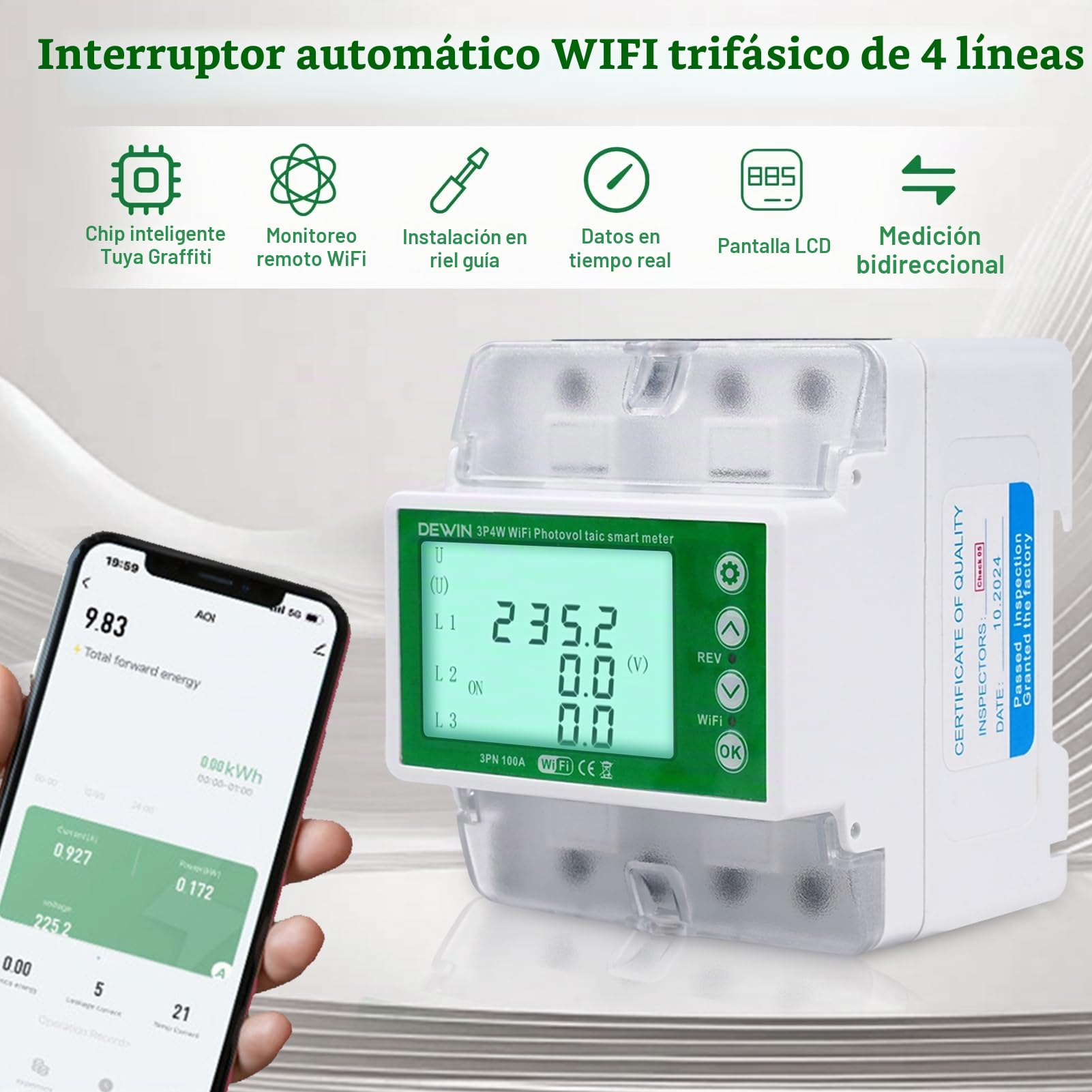 DEWIN WiFi Medidor de Consumo Electrico Trifásico 100A 380VAC Medidor de Energía Eléctrica Contadores de Energía Trifásicos sobre Raíles con Control de Tiempo (con manuales en español)