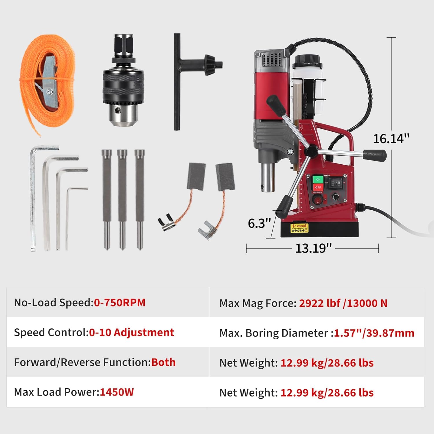 2 Inch Magnetic Drill Press, 210mm Max Stroke, 13000N Magnetic Force,1550W 750PRM Portable Electric Mag Drill Machine for Metal Drilling, Industrial Grade with Drill Chucks & Annular Cutters Kit