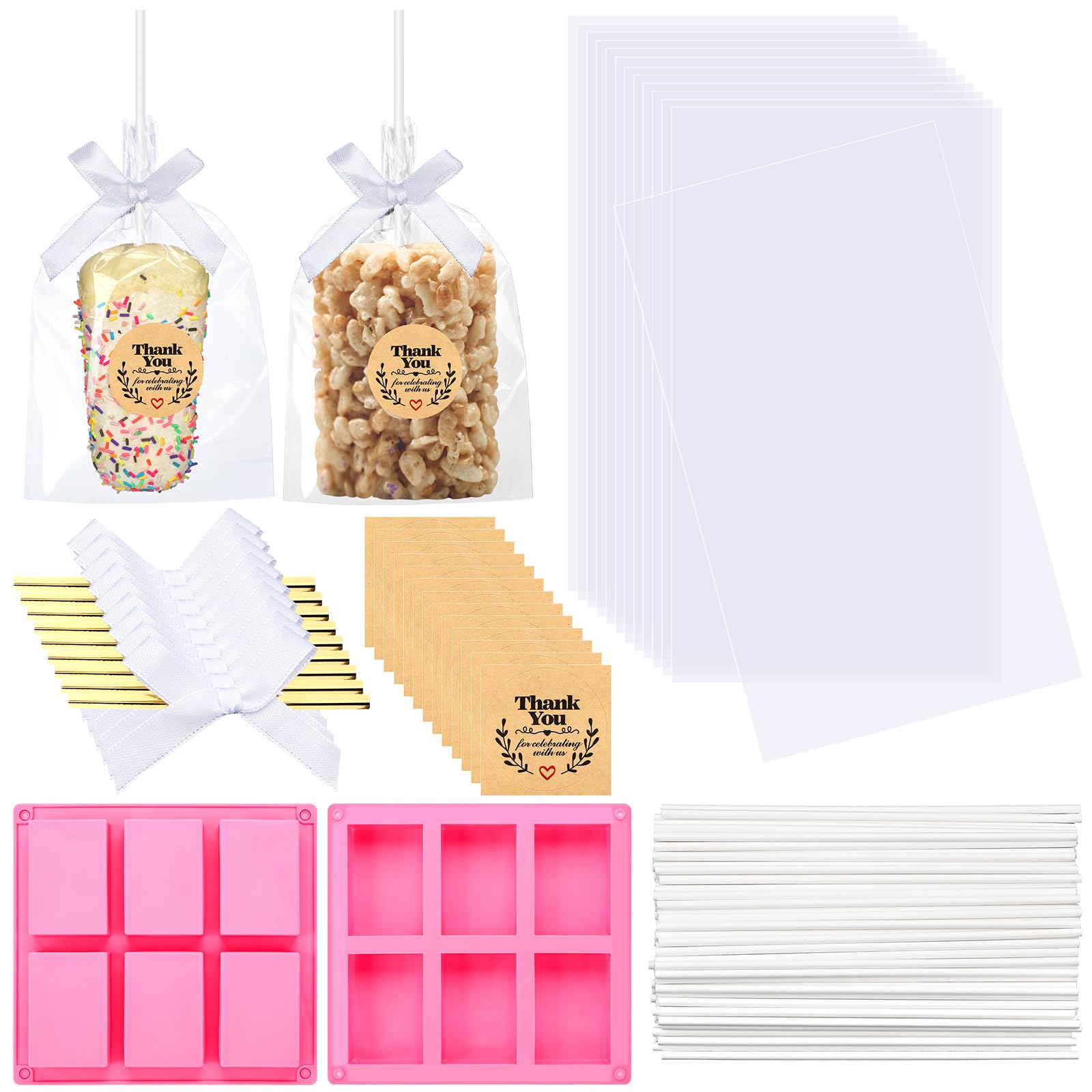 Wavwavw 100 Pcs Clear Rice Cookie Treat Bags with Bow Ribbon Stickers White Sticks 2 Pcs Silicone Crispy Cereal Bar Mold for Treats Gift Giving Bag