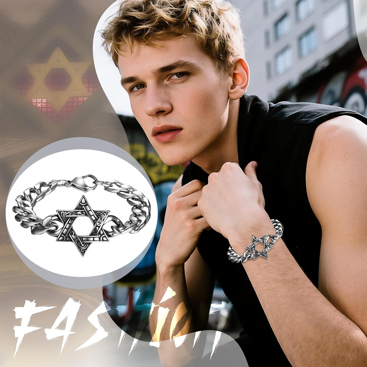 Aroncent Mens Star of David Bracelet: Stainless Steel Cuban Chain Jewish Star Jewelry - Religious Amulet Gift - Image 4