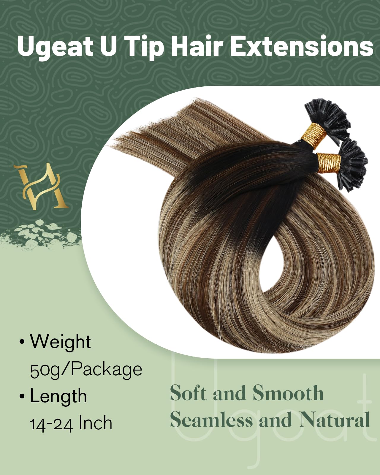 Ugeat Przedłużanie Włosów Keratyna Utip, Włosy Ludzkie, Balayage Naturalna Czerń do Crązu, 55cm 50 sztuk 50g, Przedłużanie Włosów U Tip Blond, Remy Naturalne Proste