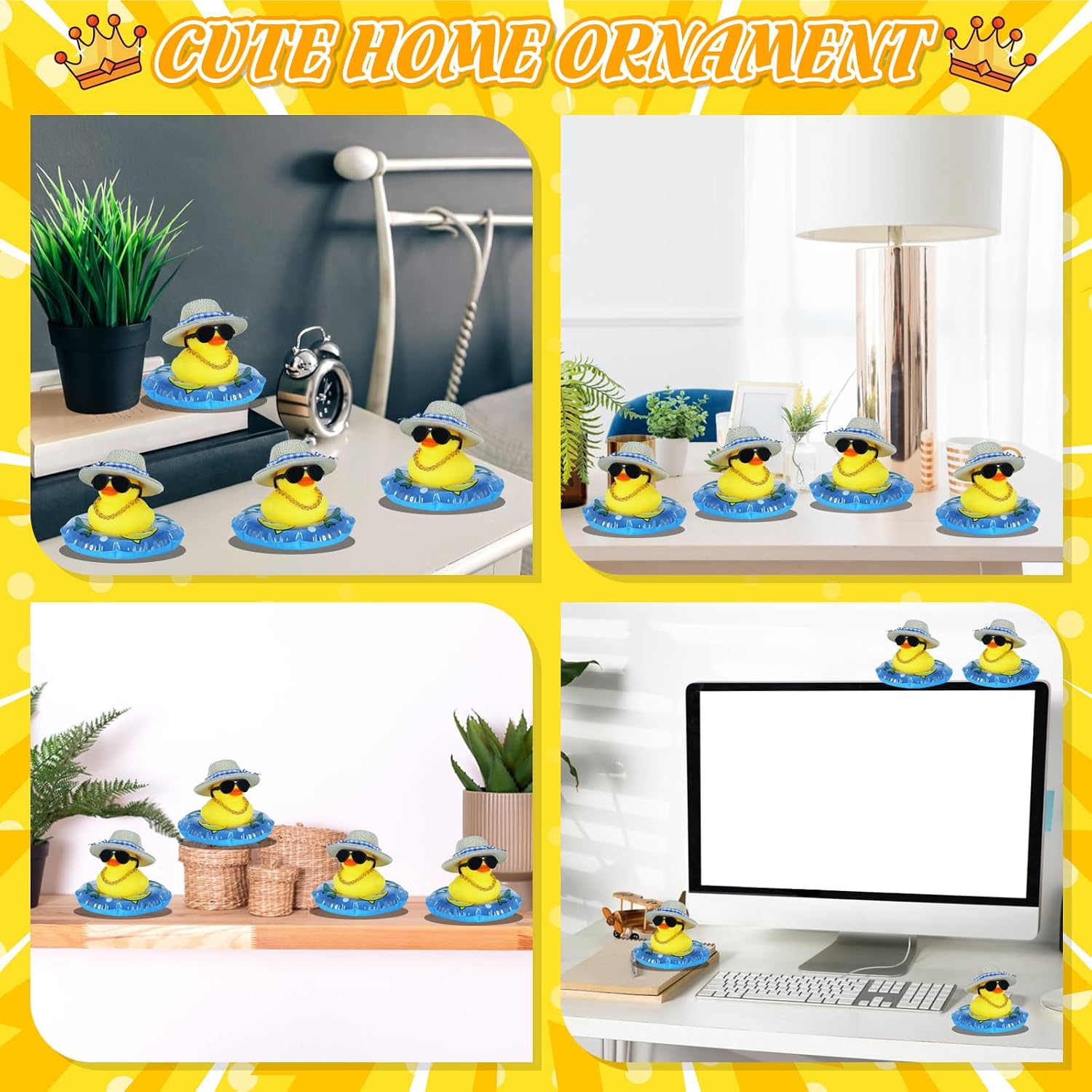 Yellow Rubber Duck, Squeaky Fun Car Rubber Duck, with Swim Ring Necklace Hat & Sunglasses - Fashionable Car Dashboard Home Office Decor