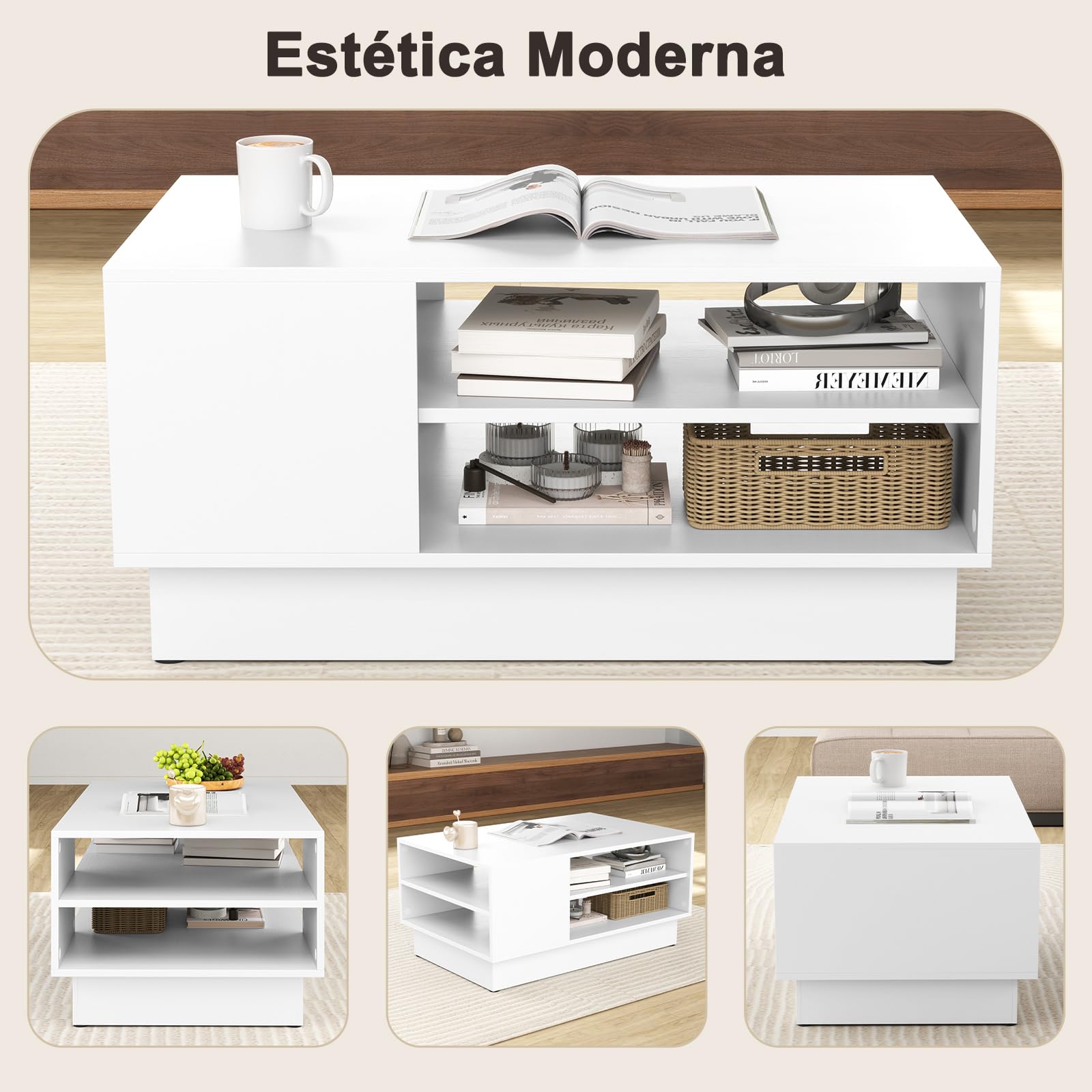 GOPLUS Mesa de Centro, Mesa de Café con Estantes Abiertos de Almacenaje, Base Recesada y Almohadillas Antideslizantes, Mesa Rectangular Moderna para Salón Oficina, Carga 60+20KG, 86x56x41cm (Blanco)