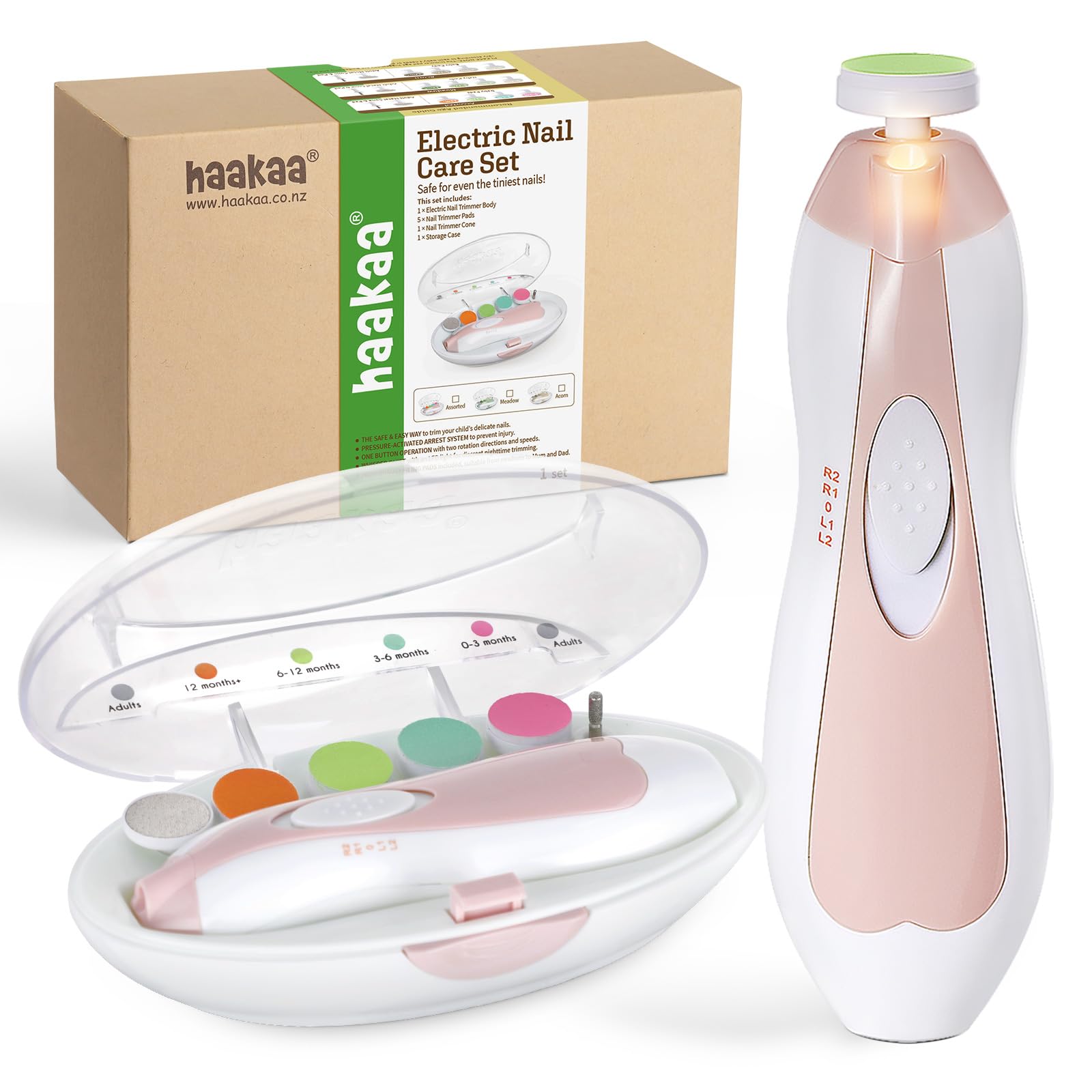 haakaa Lima de Uñas para Bebés, Cortauñas Eléctrica Niños Juego Manicura Dedos y Pies, 6 en 1 Cortador con Luz LED, Rosa