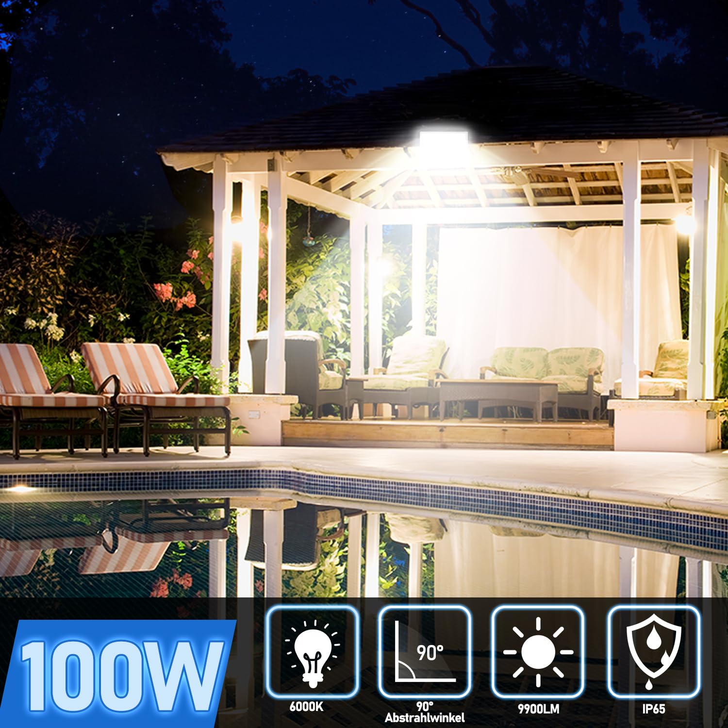 Ikodm Lot de 10 projecteurs LED d'extérieur 100 W 9900 lm super lumineux, éclairage extérieur, étanchéité IP65, 6000 K, blanc froid, pour terrasse, terrain de sport (pas de fiche)