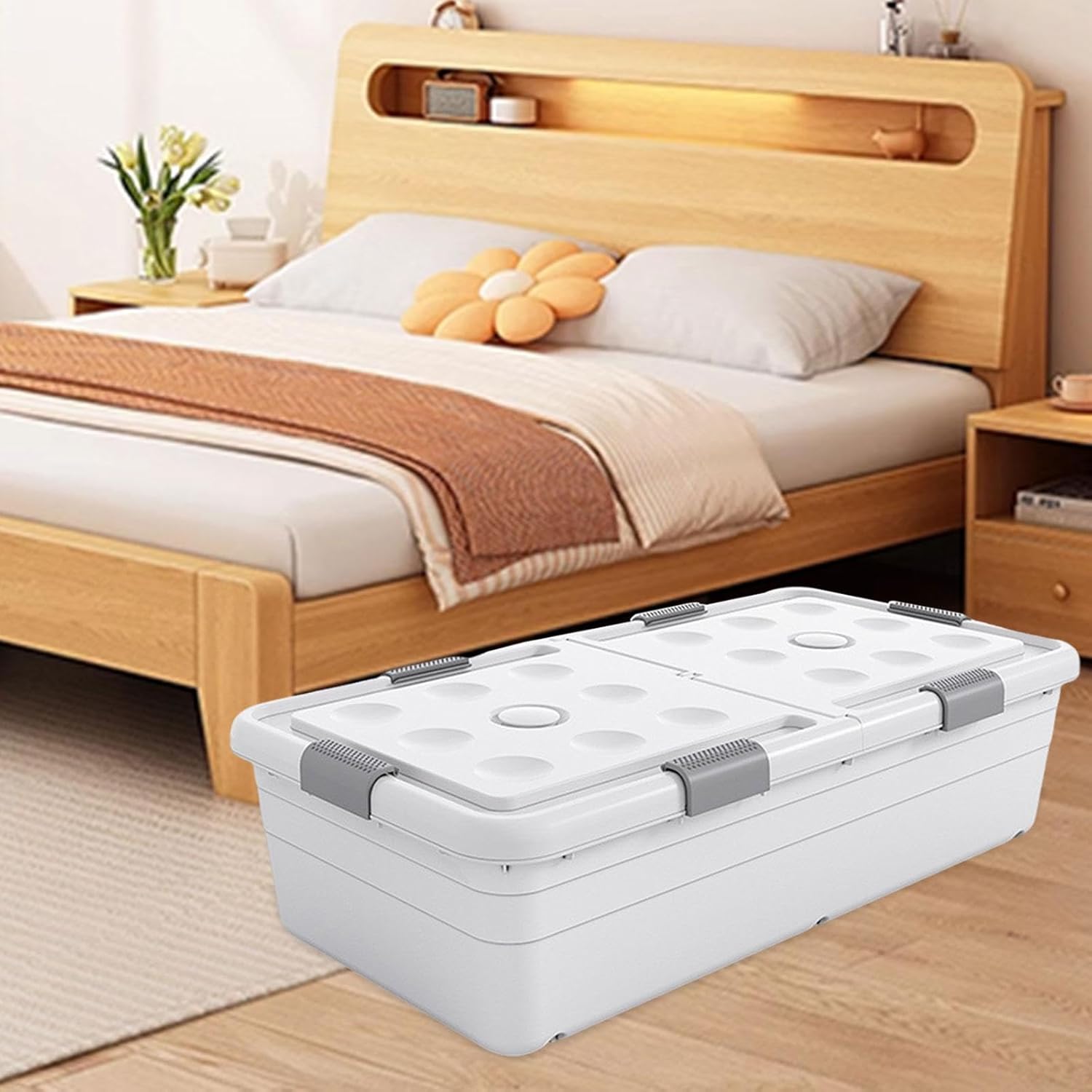 Under Bed Storage Box Rolling Storage Bin Multifunctional with Lid Container Organizer for Dormitory Bedroom Towels Blankets, White, Height 25cm